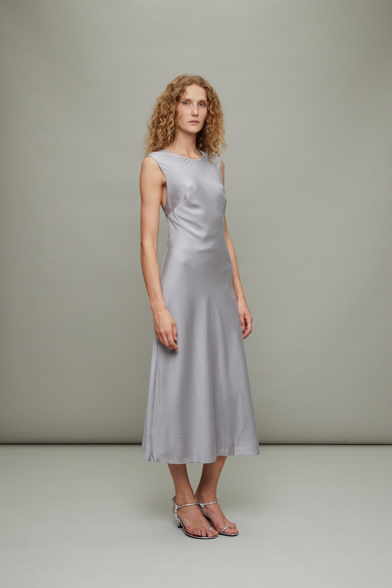 Soft Silk Rouleau Tie Dress in Silver - Main Image