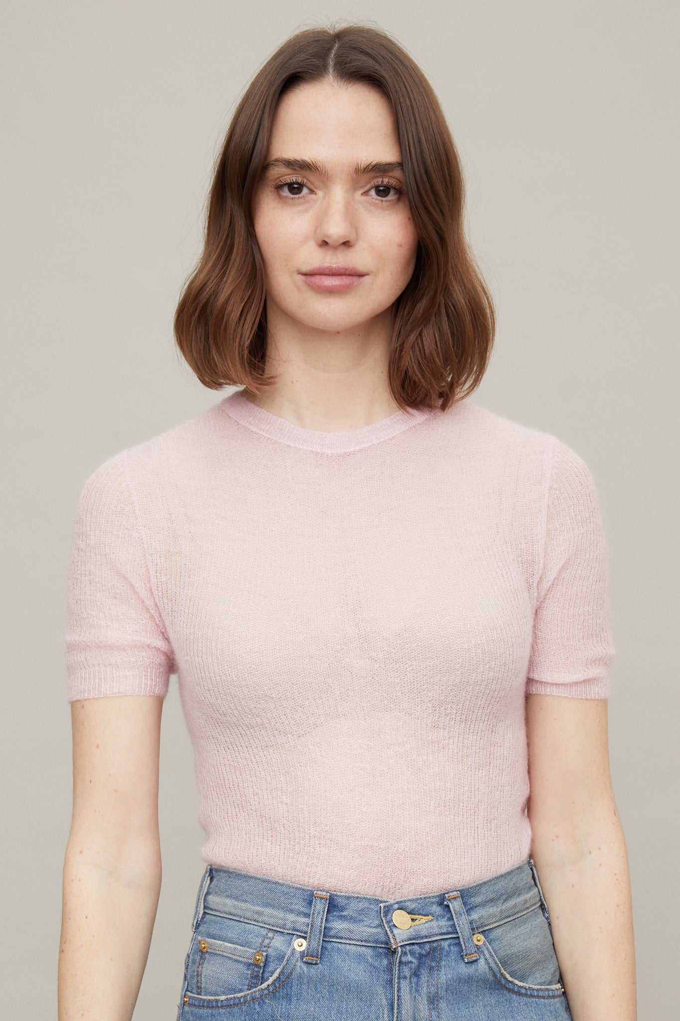 Fine Mohair Silk Short Sleeve Top in Baby Pink
