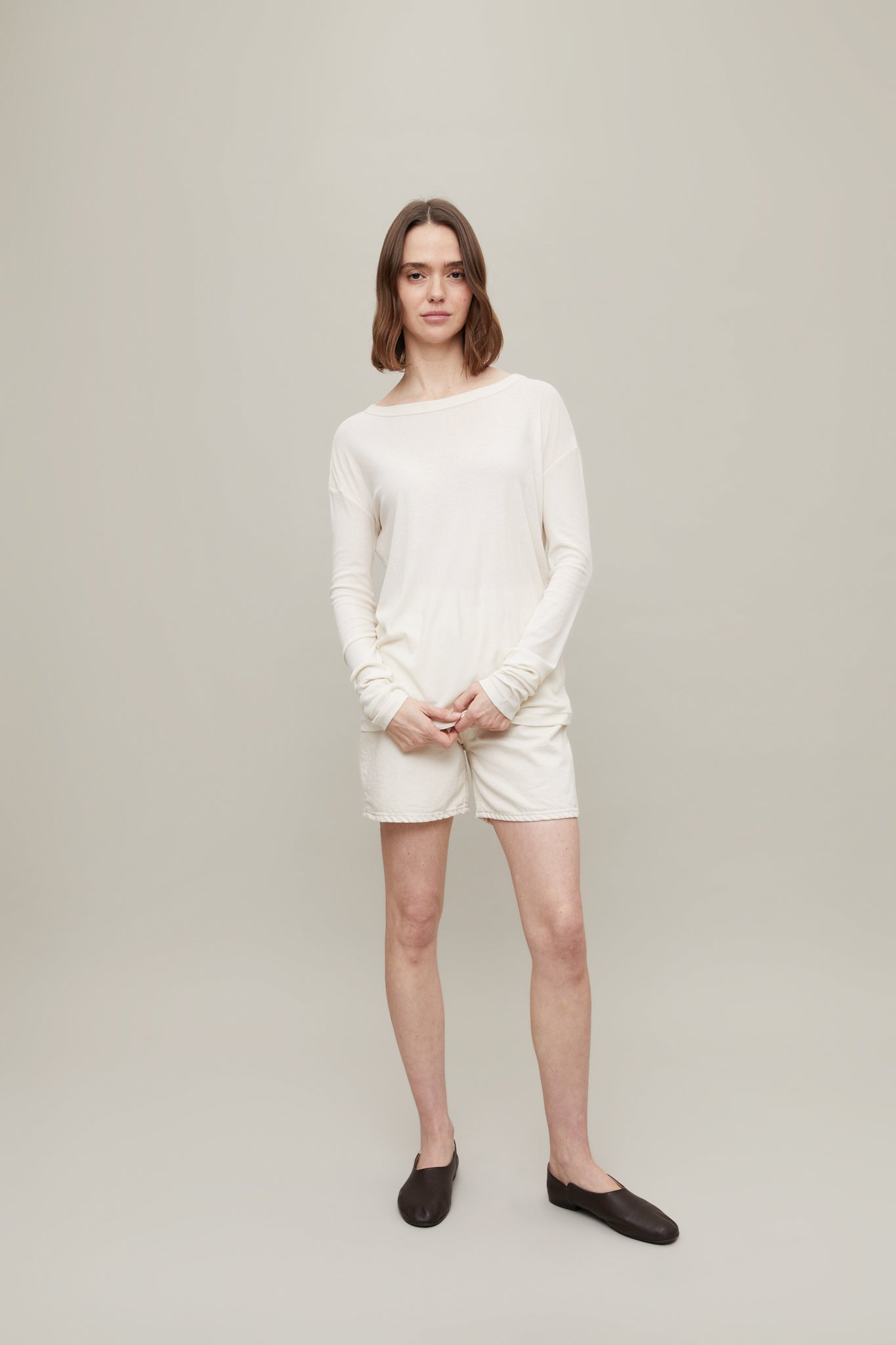 Twisted Cotton Long Sleeve T-shirt in Ivory