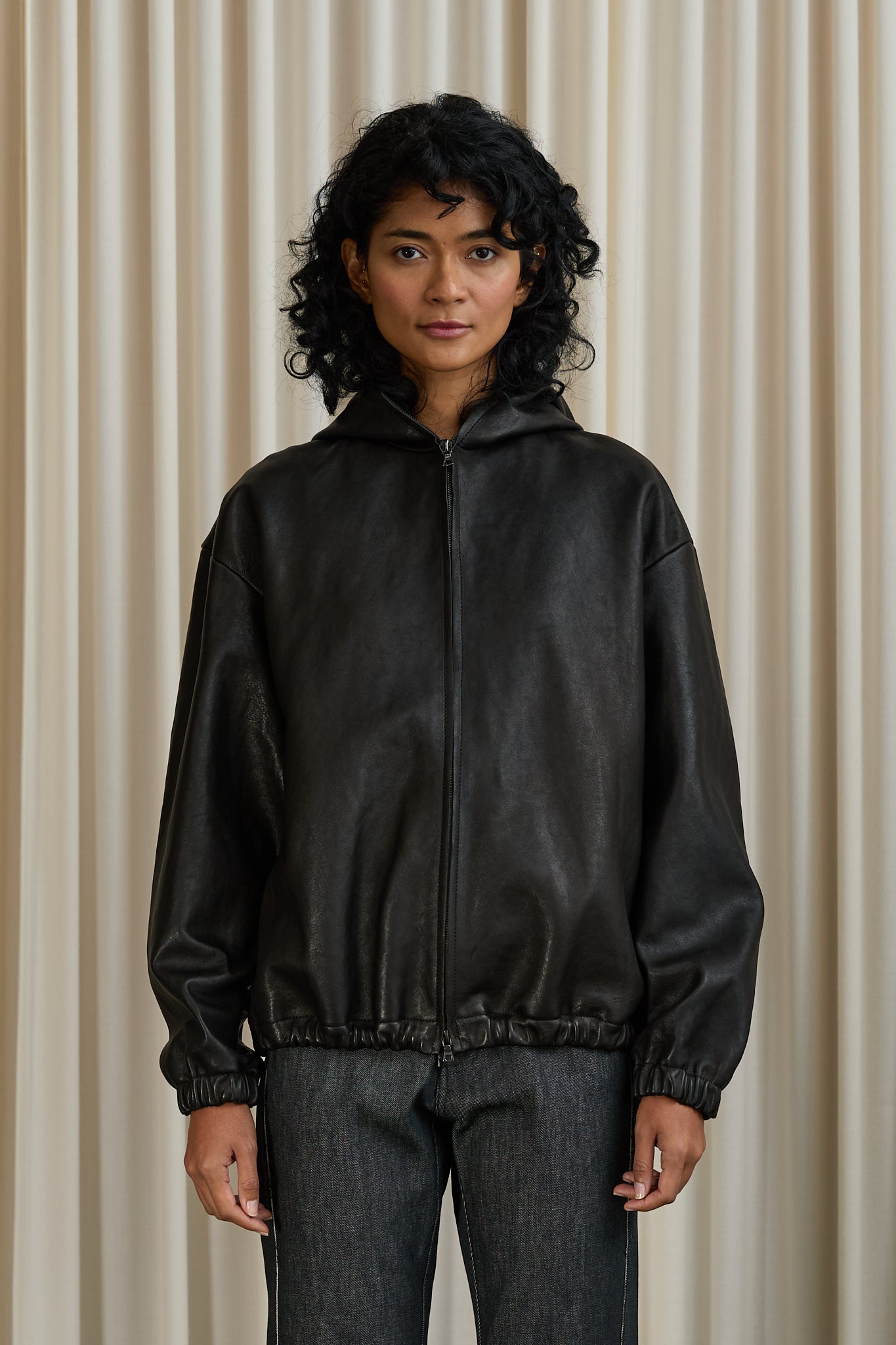 No. 216 Leather Hooded Zipper Jacket in Black