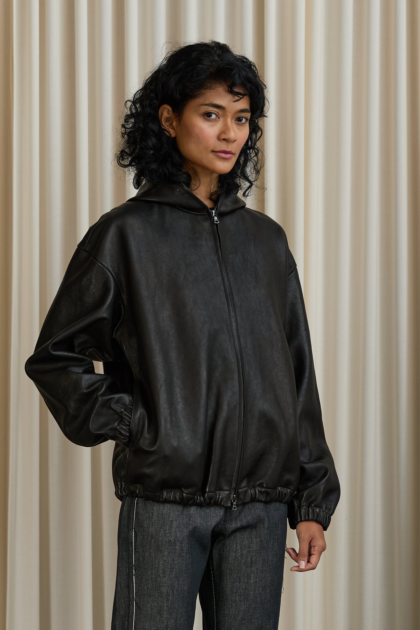 No. 216 Leather Hooded Zipper Jacket in Black