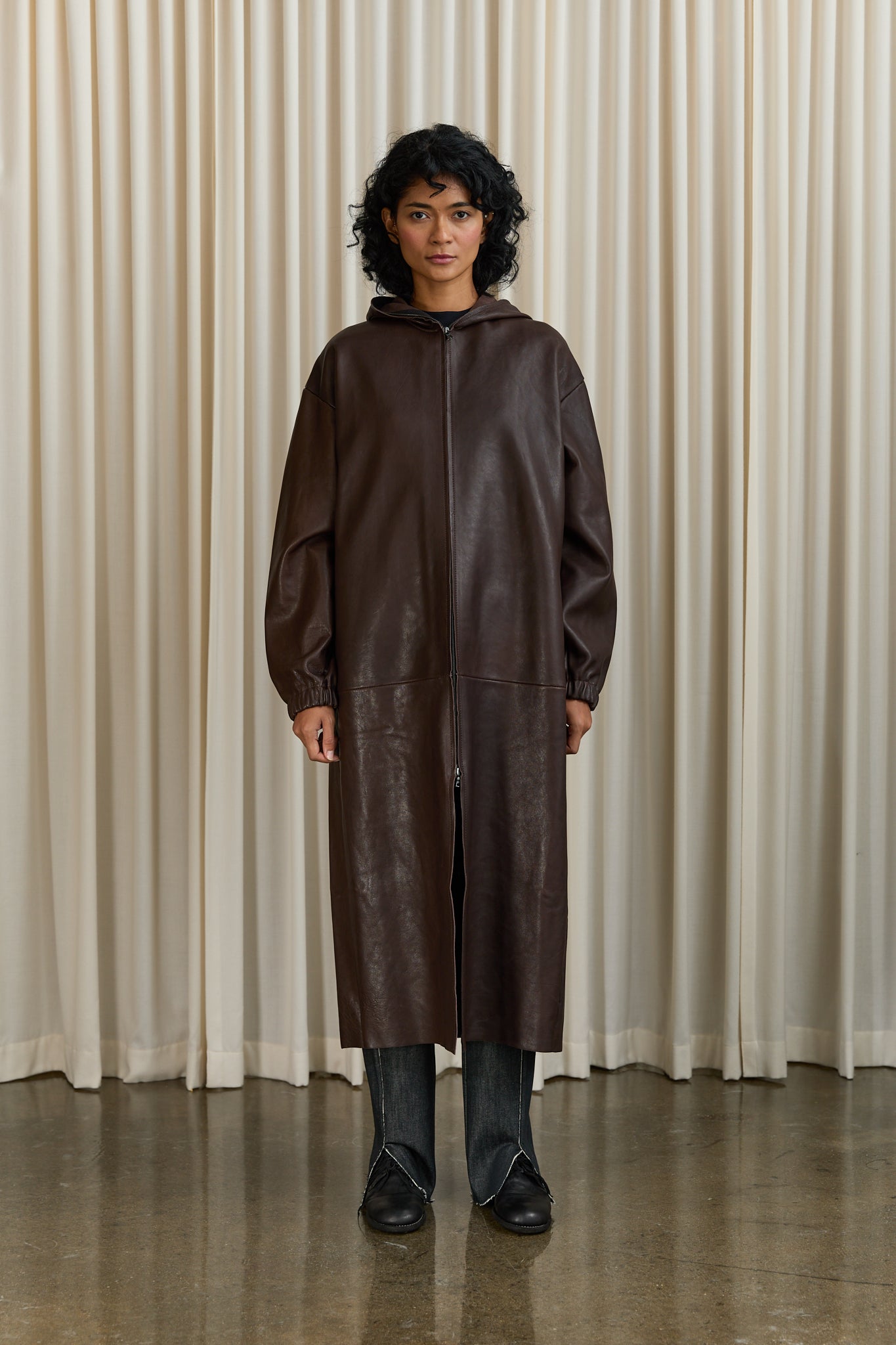 No. 275 Leather Hooded Zipper Coat in Brown