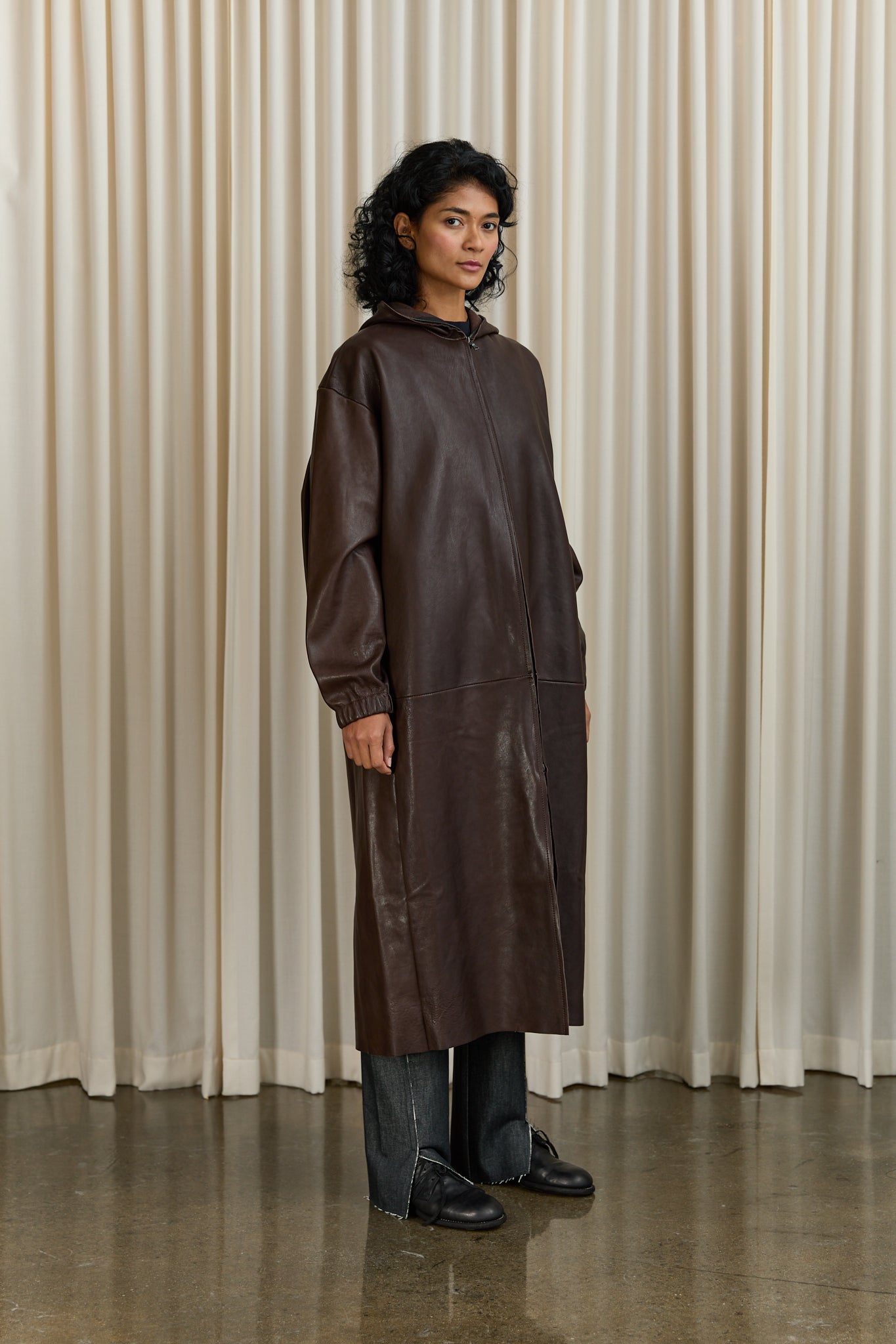No. 275 Leather Hooded Zipper Coat in Brown