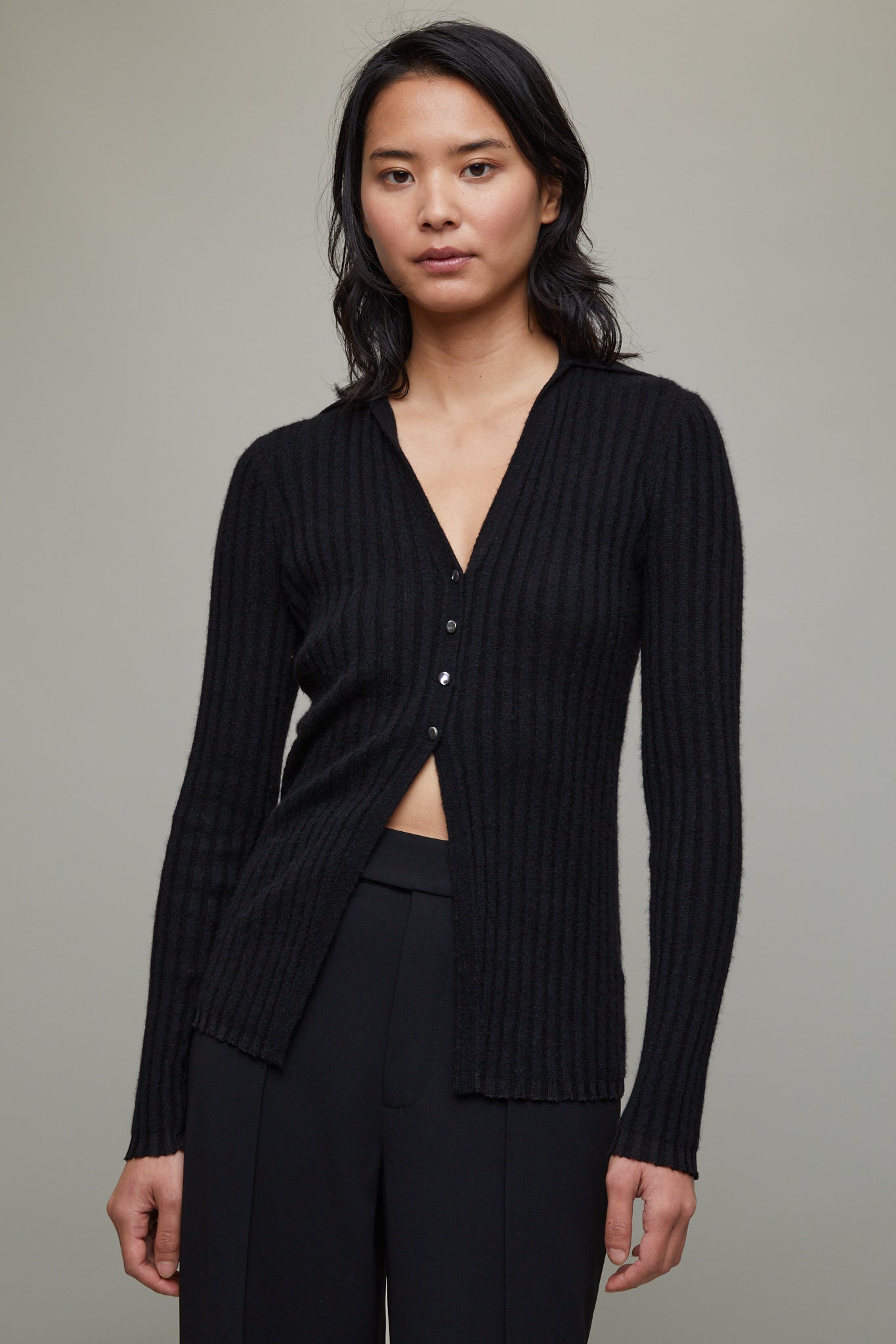 Button Rib Jacket Rib Button Cardigan in Black – L'ENSEMBLE
