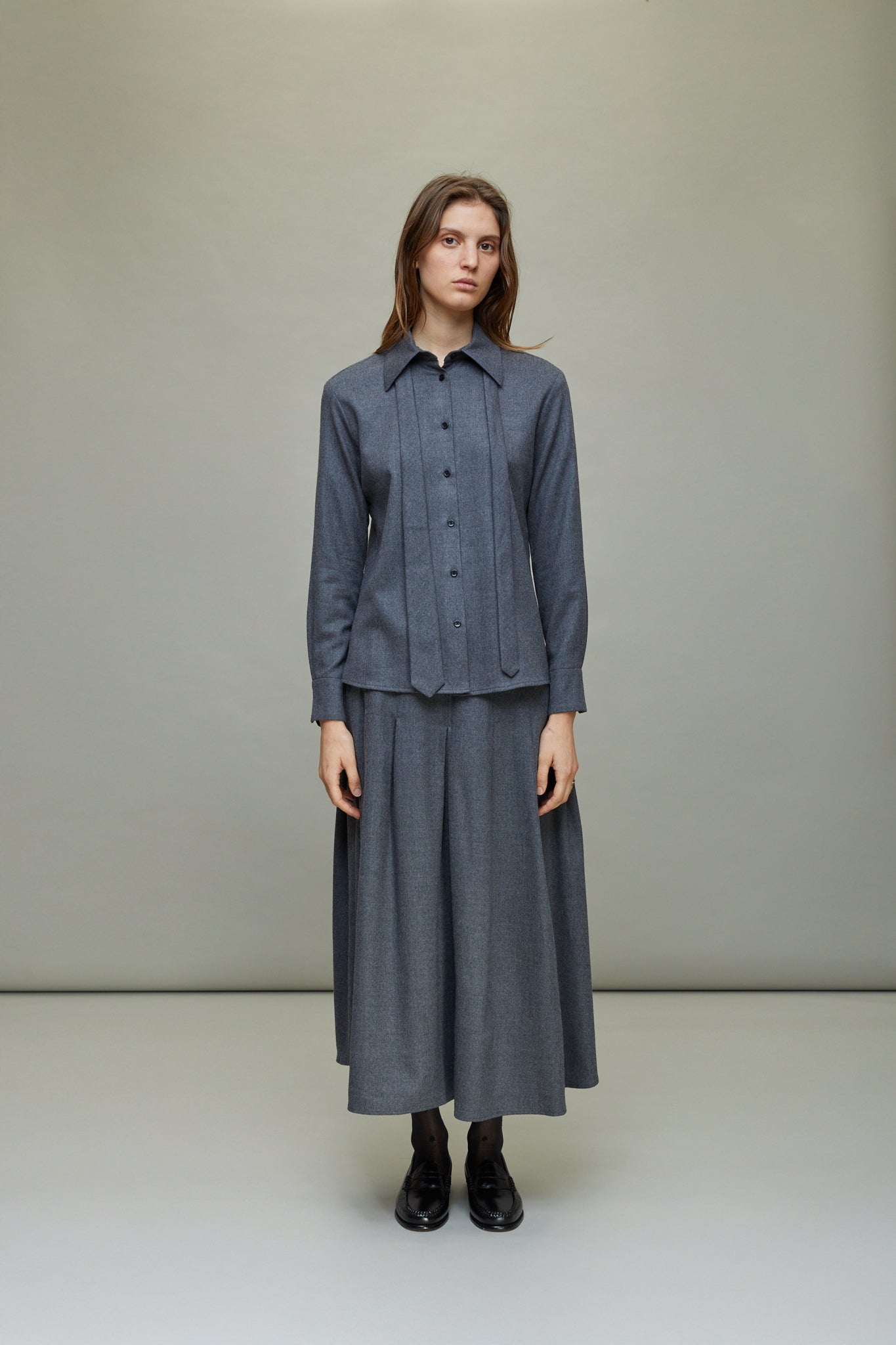 Billie Tie Blouse in Heather Grey Flannel Suiting