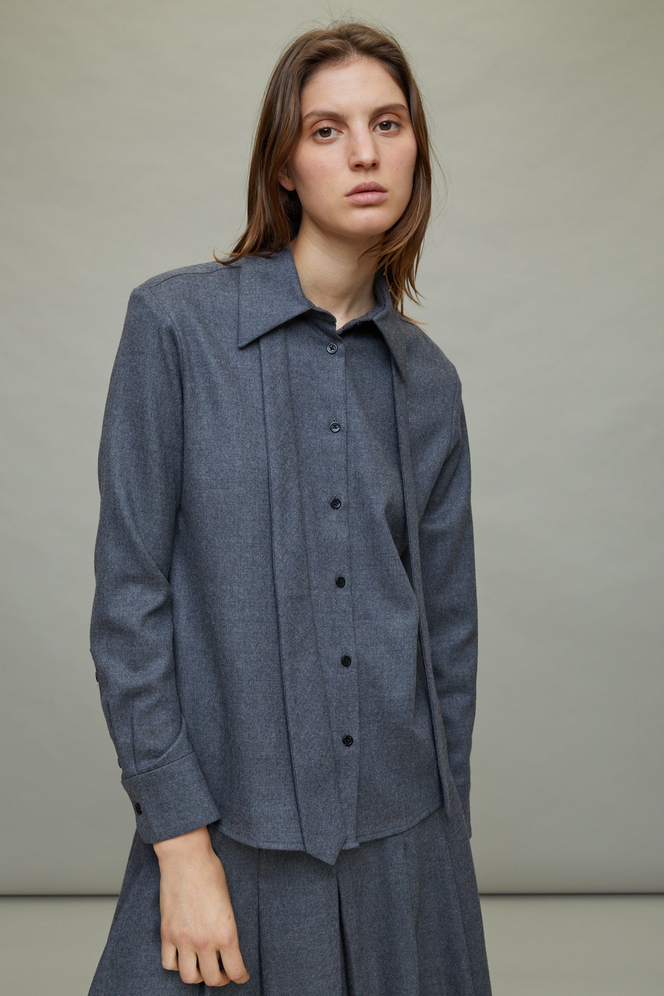 Billie Tie Blouse in Heather Grey Flannel Suiting