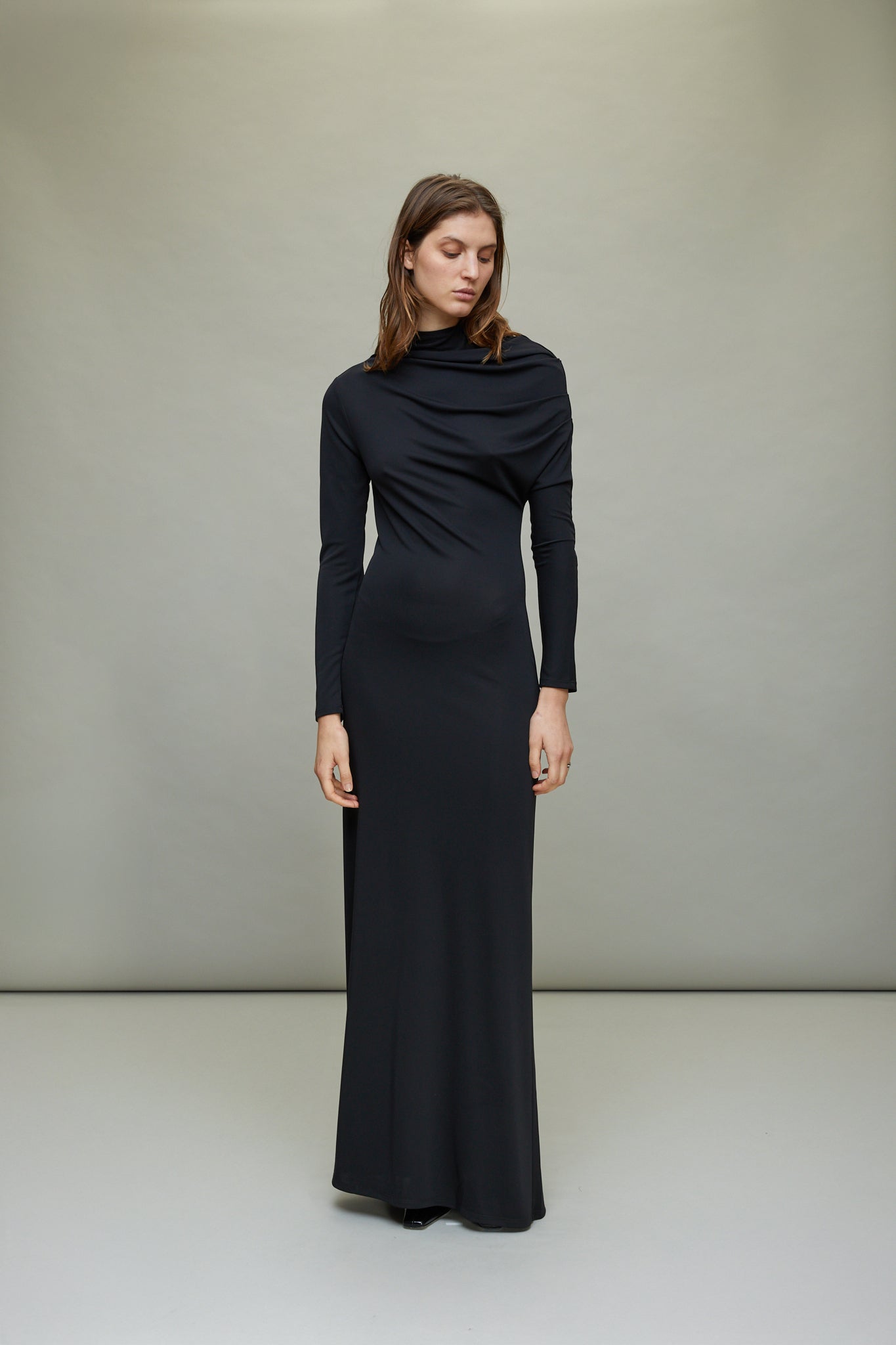 Rue Draped Gown in Black Slinky Jersey