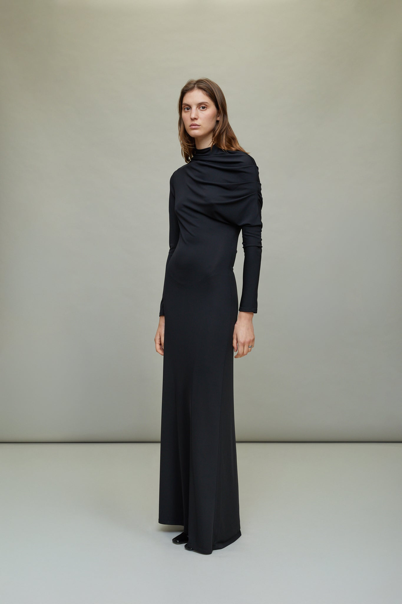 Rue Draped Gown in Black Slinky Jersey