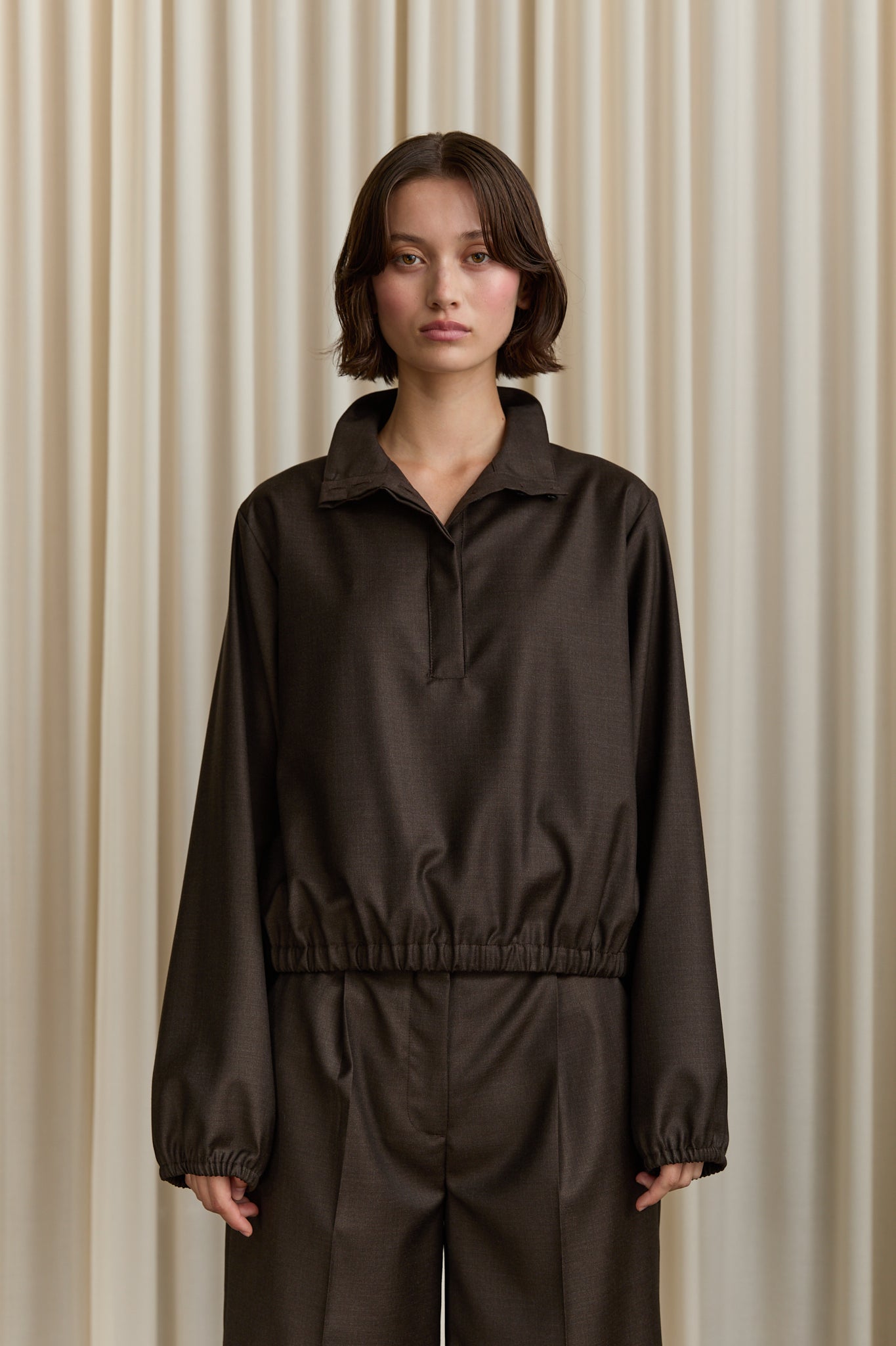 Zyla Collar Stand Blouse in Brown