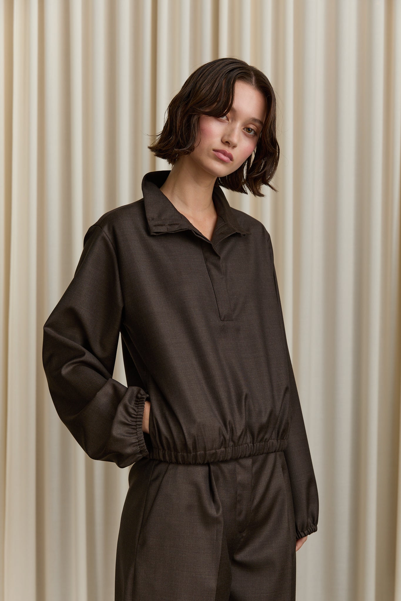 Zyla Collar Stand Blouse in Brown