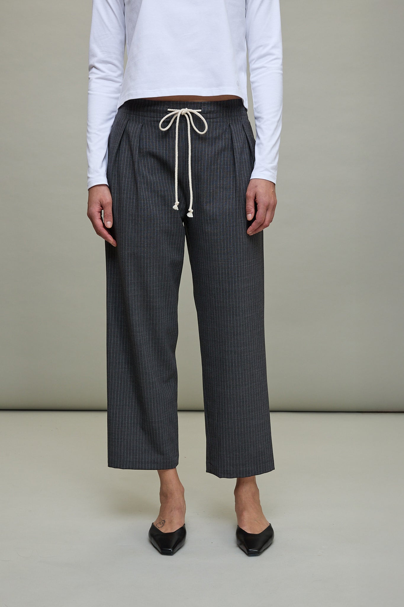 Cozy Drawstring Pant in Grey Pinstripe