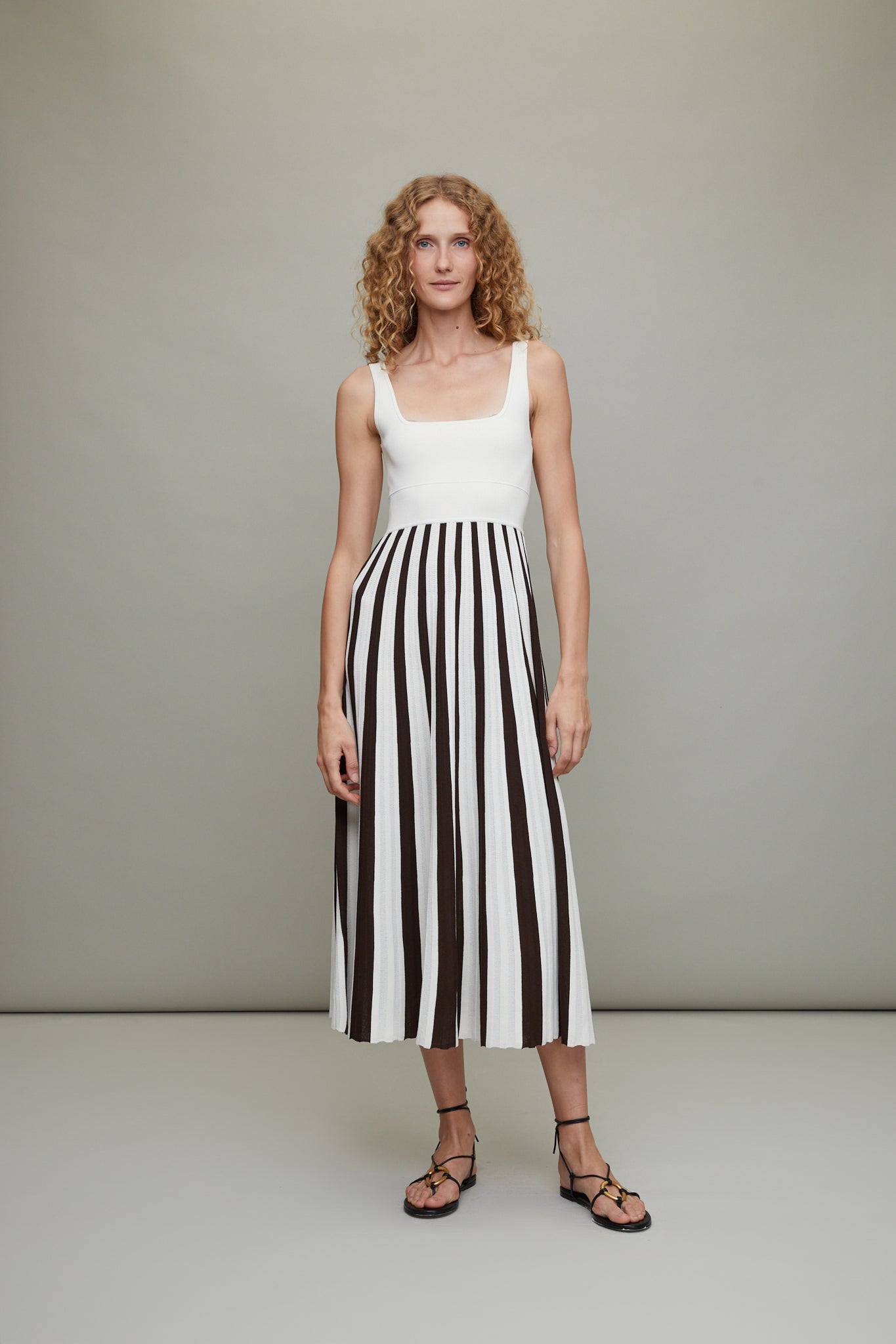 Square Neck Mesh Dress in Ivory/Chocolate Stripe