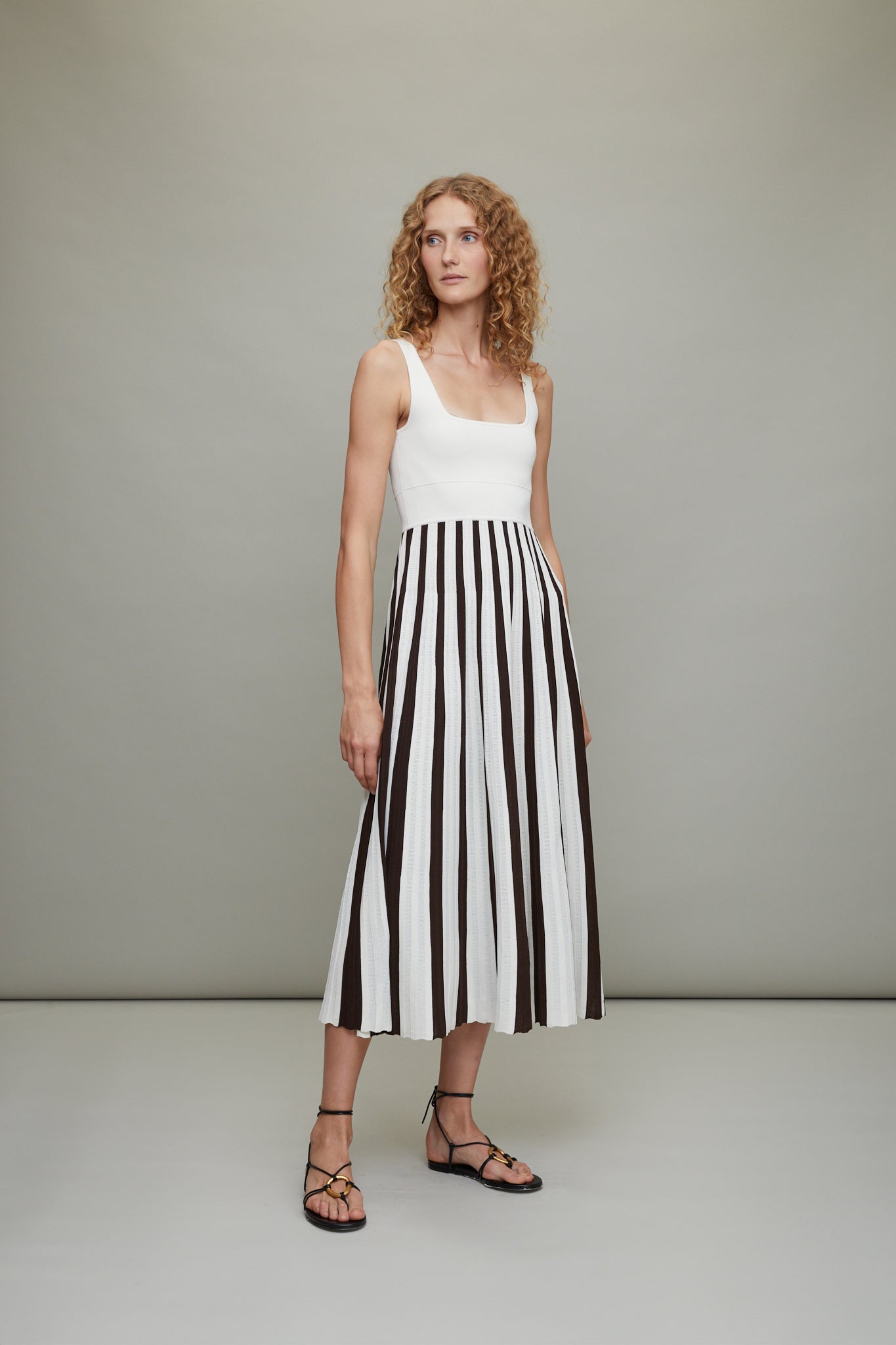 Square Neck Mesh Dress in Ivory/Chocolate Stripe