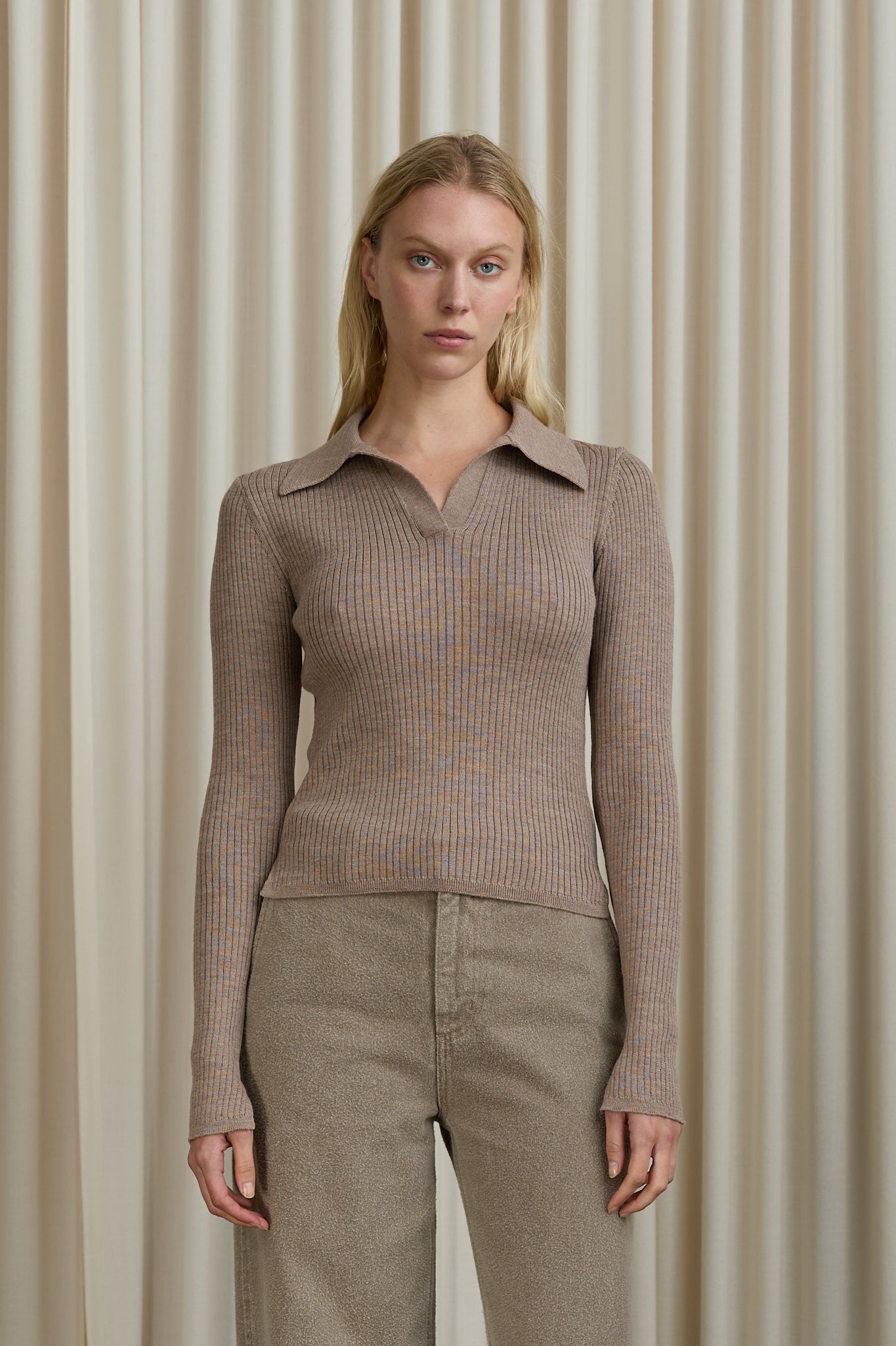 Open Placket Polo in Beige