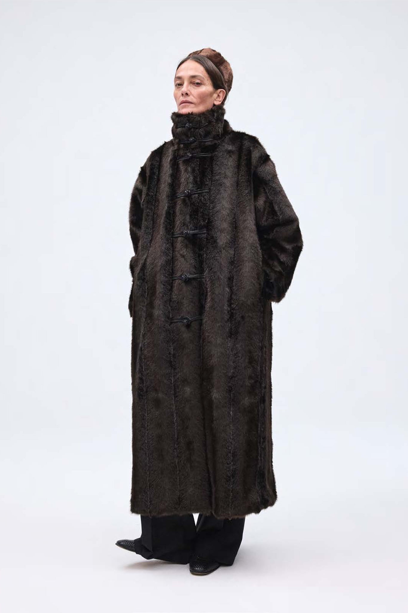 Mandarin Faux Fur Coat in Brown