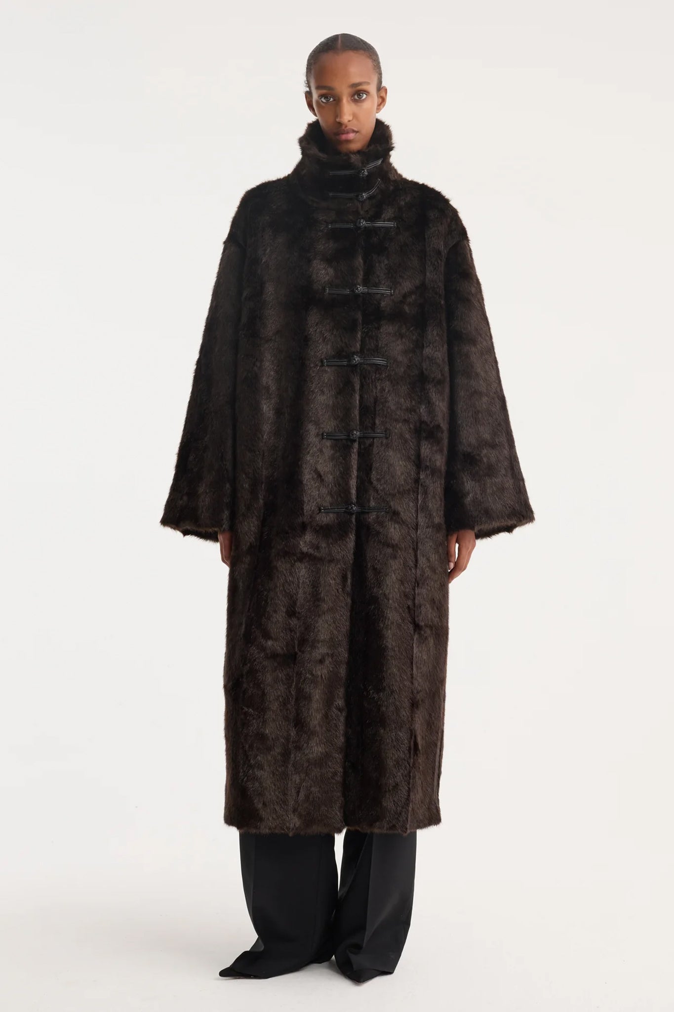 Mandarin Faux Fur Coat in Brown