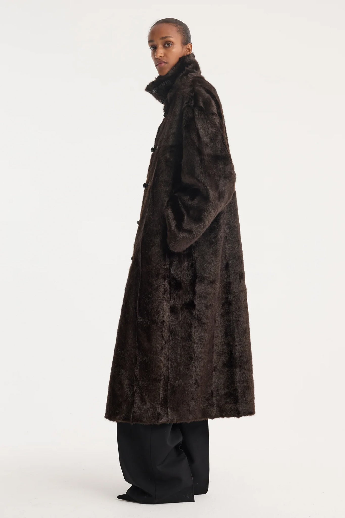 Mandarin Faux Fur Coat in Brown