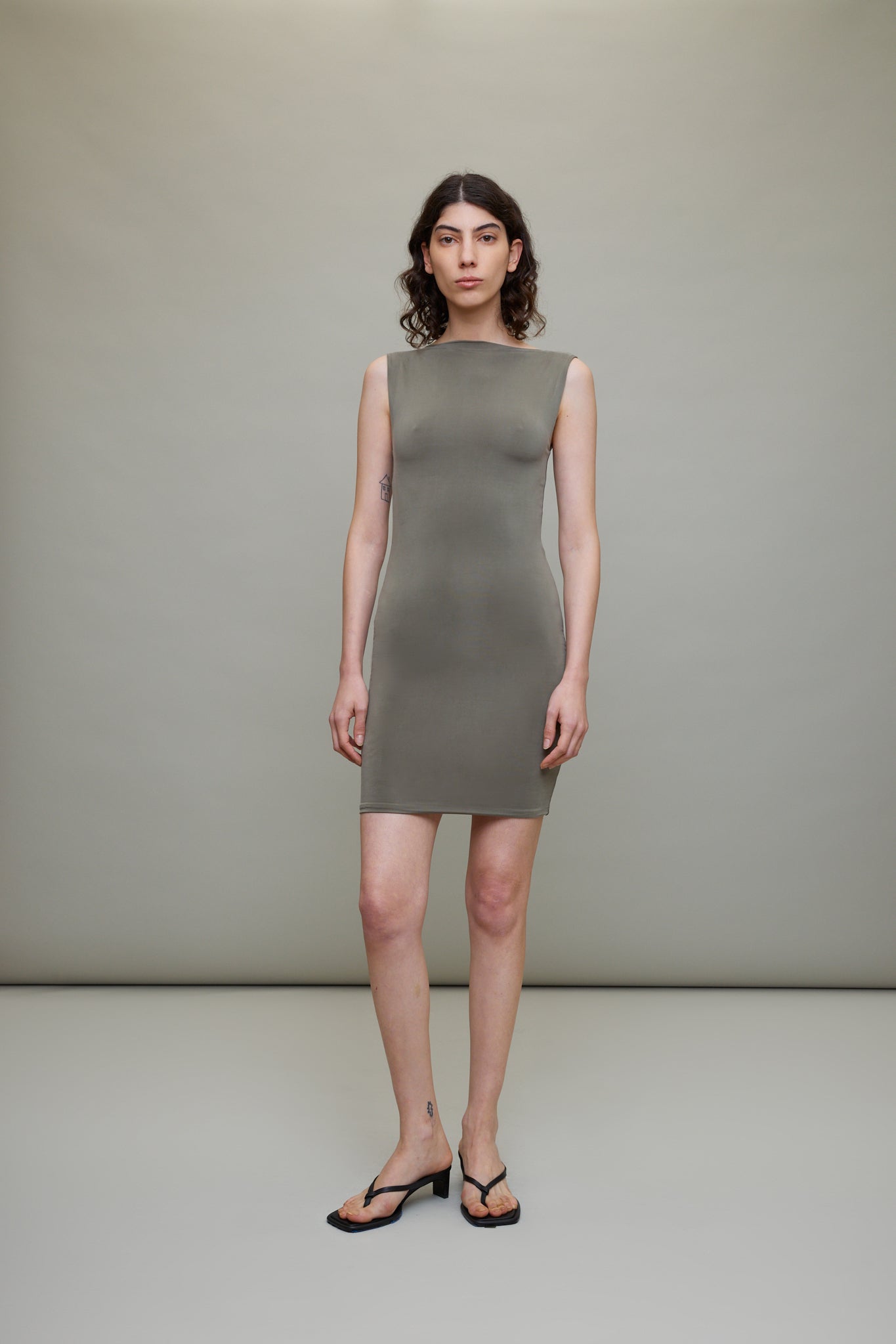 Cupro Jersey Mini Dress in Smokey Olive