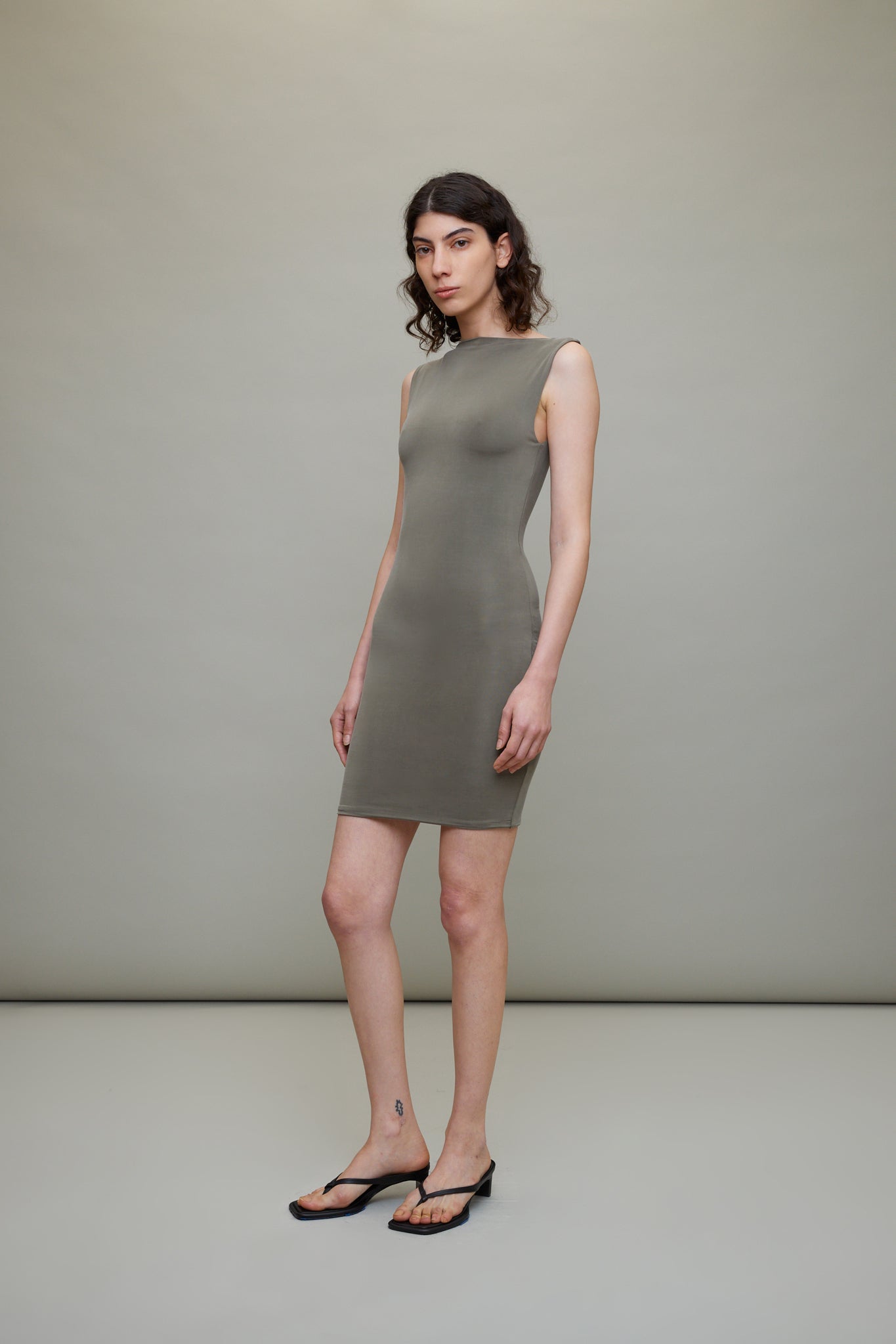 Cupro Jersey Mini Dress in Smokey Olive