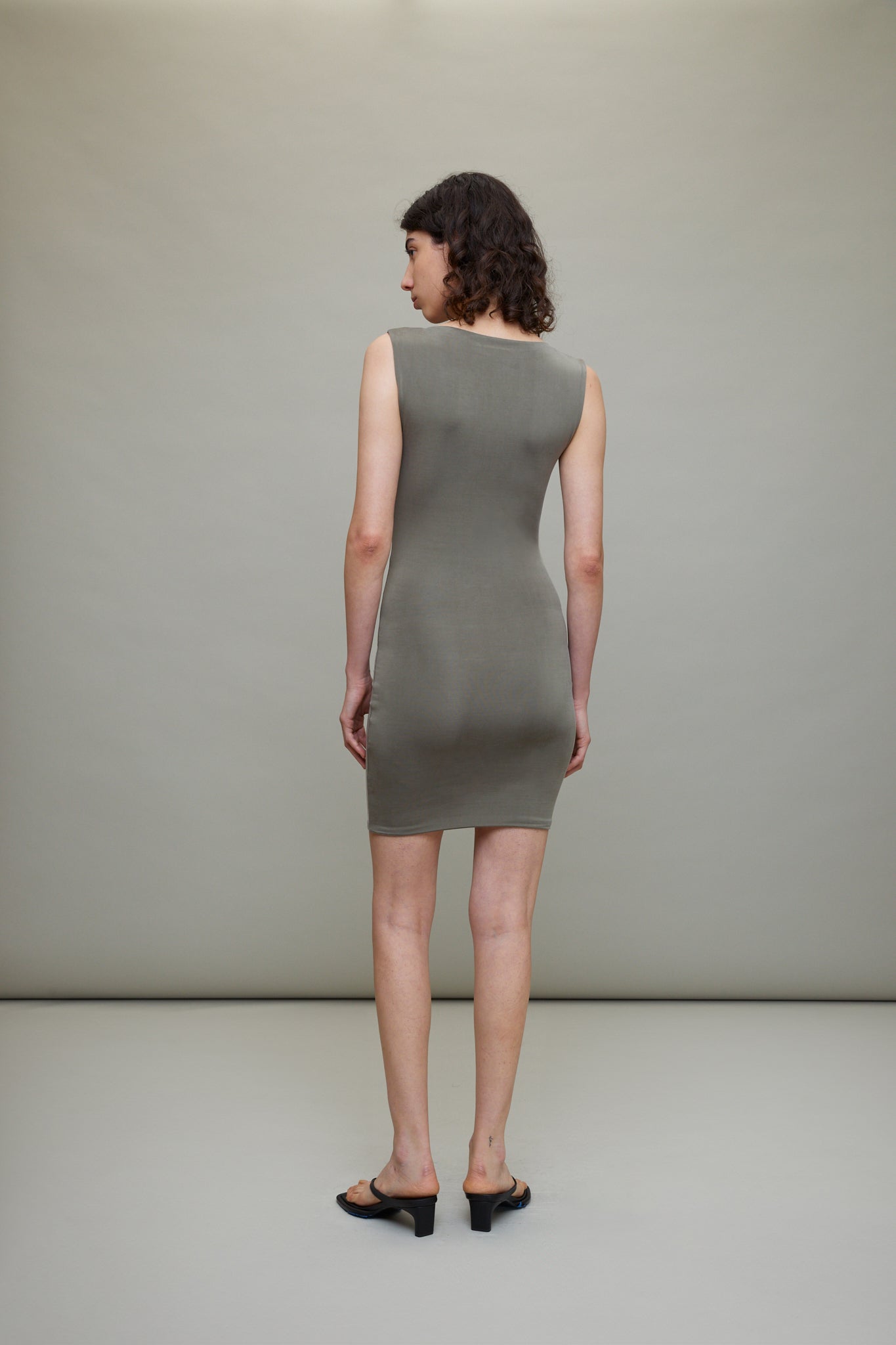 Cupro Jersey Mini Dress in Smokey Olive Cupro Jersey Mini Dress in Smokey Olive