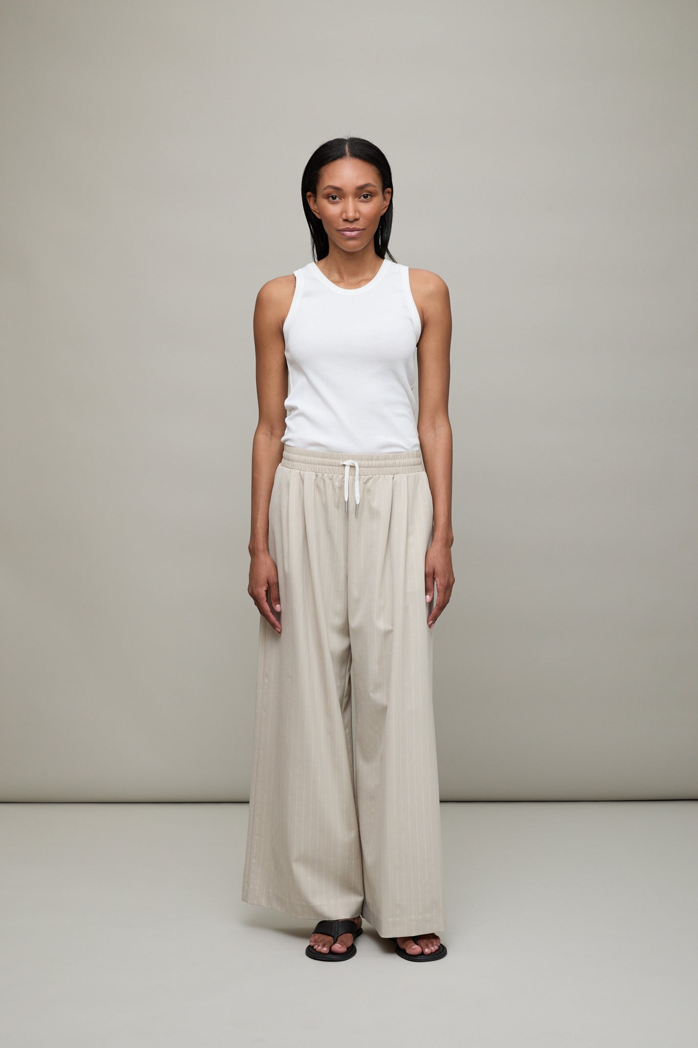 Pinstripe Wool Drawstring Pants in Beige