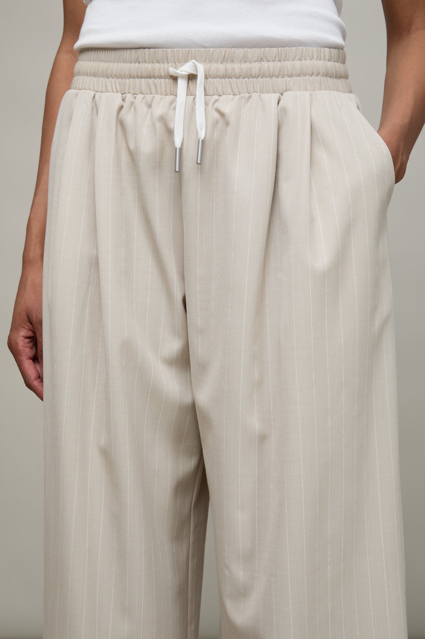 Pinstripe Wool Drawstring Pants in Beige