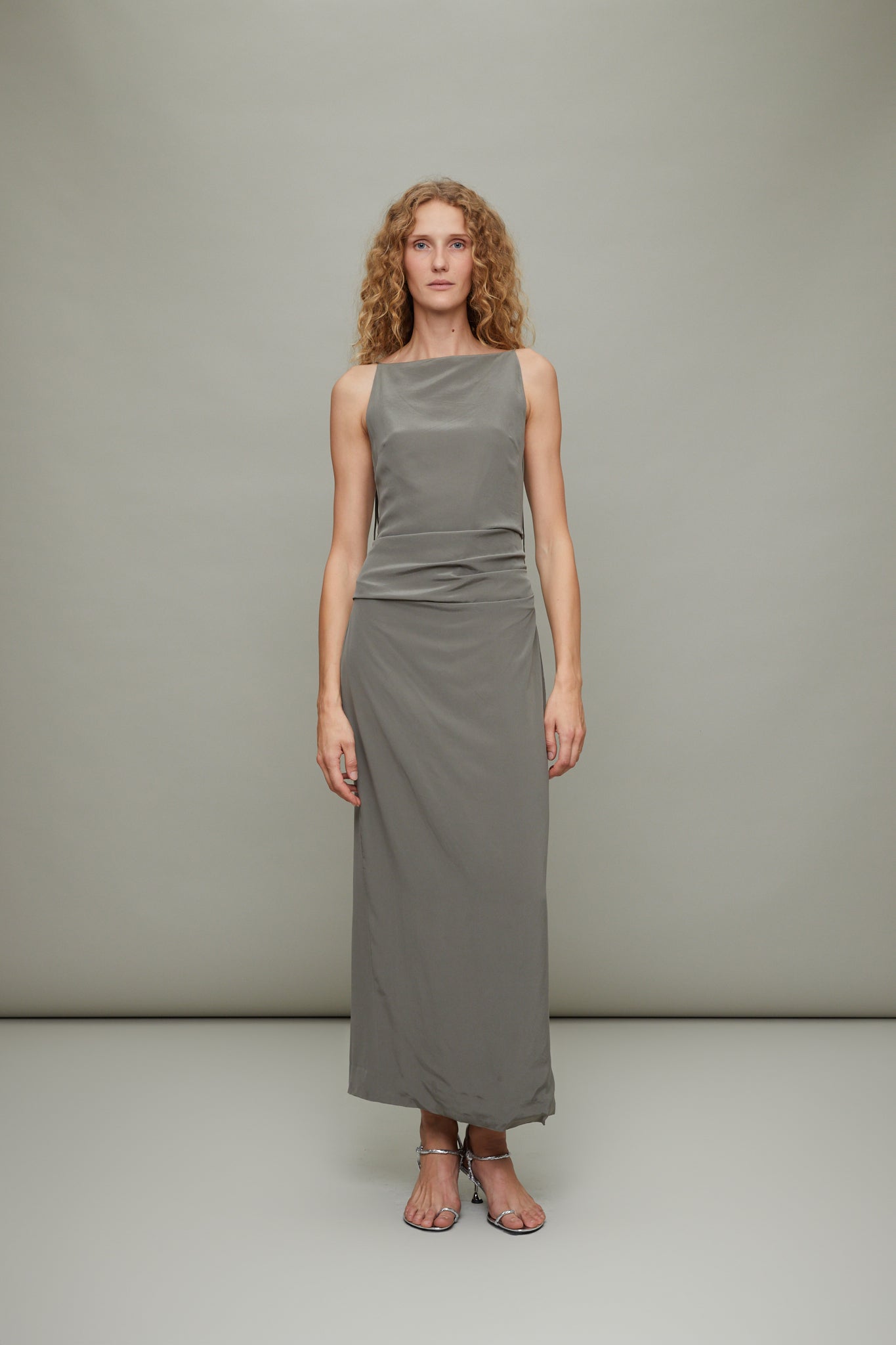 Silk Tuck Dress in Smokey Olive