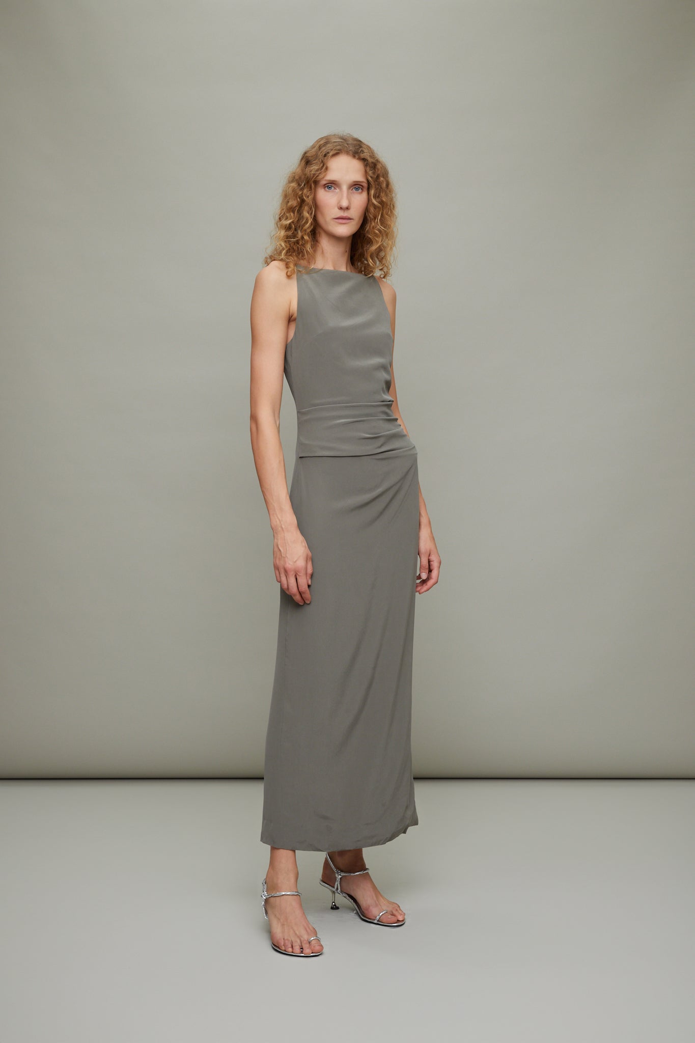 Silk Tuck Dress in Smokey Olive