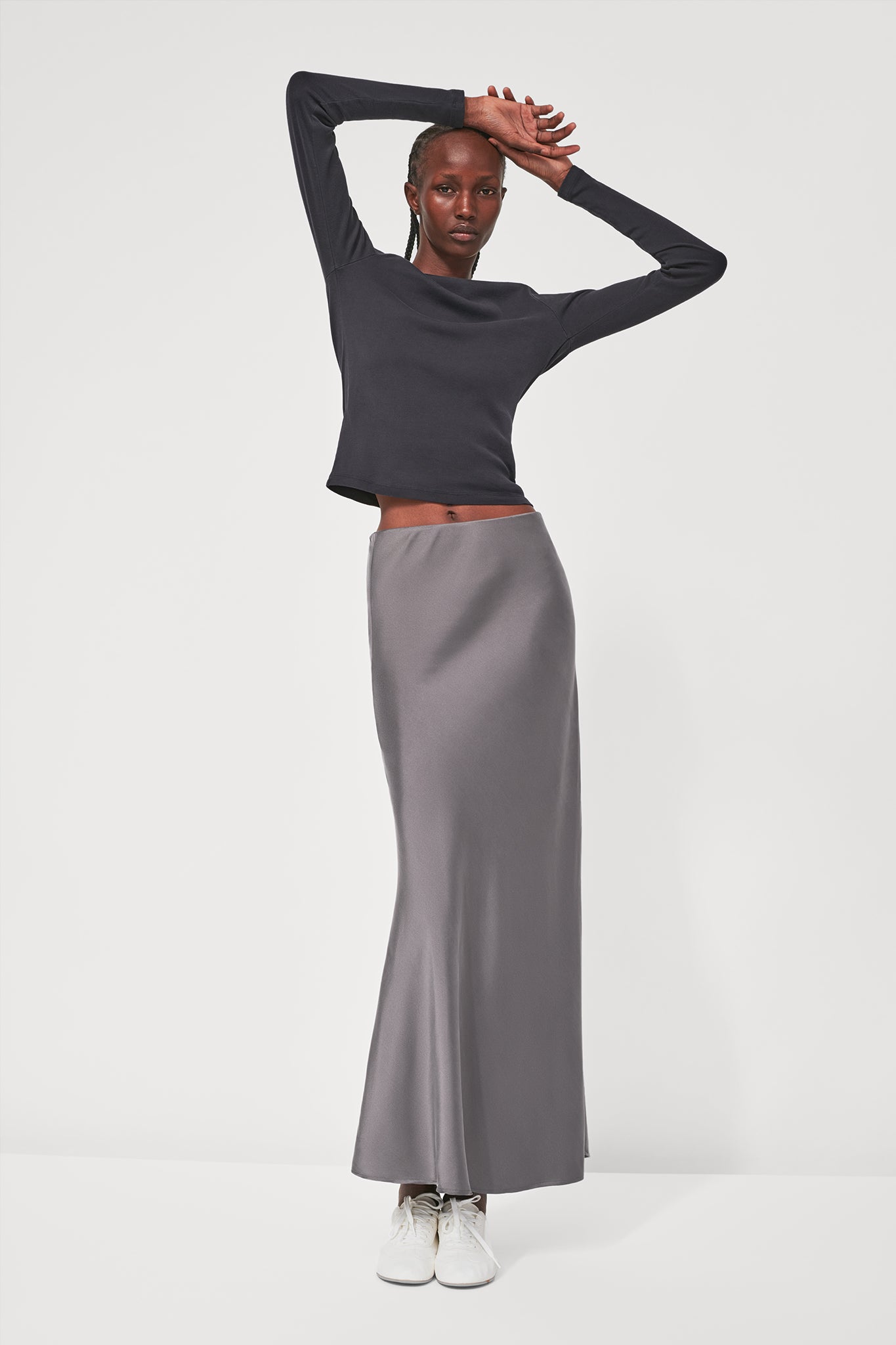 Soft Silk Maxi Skirt in Pewter Grey