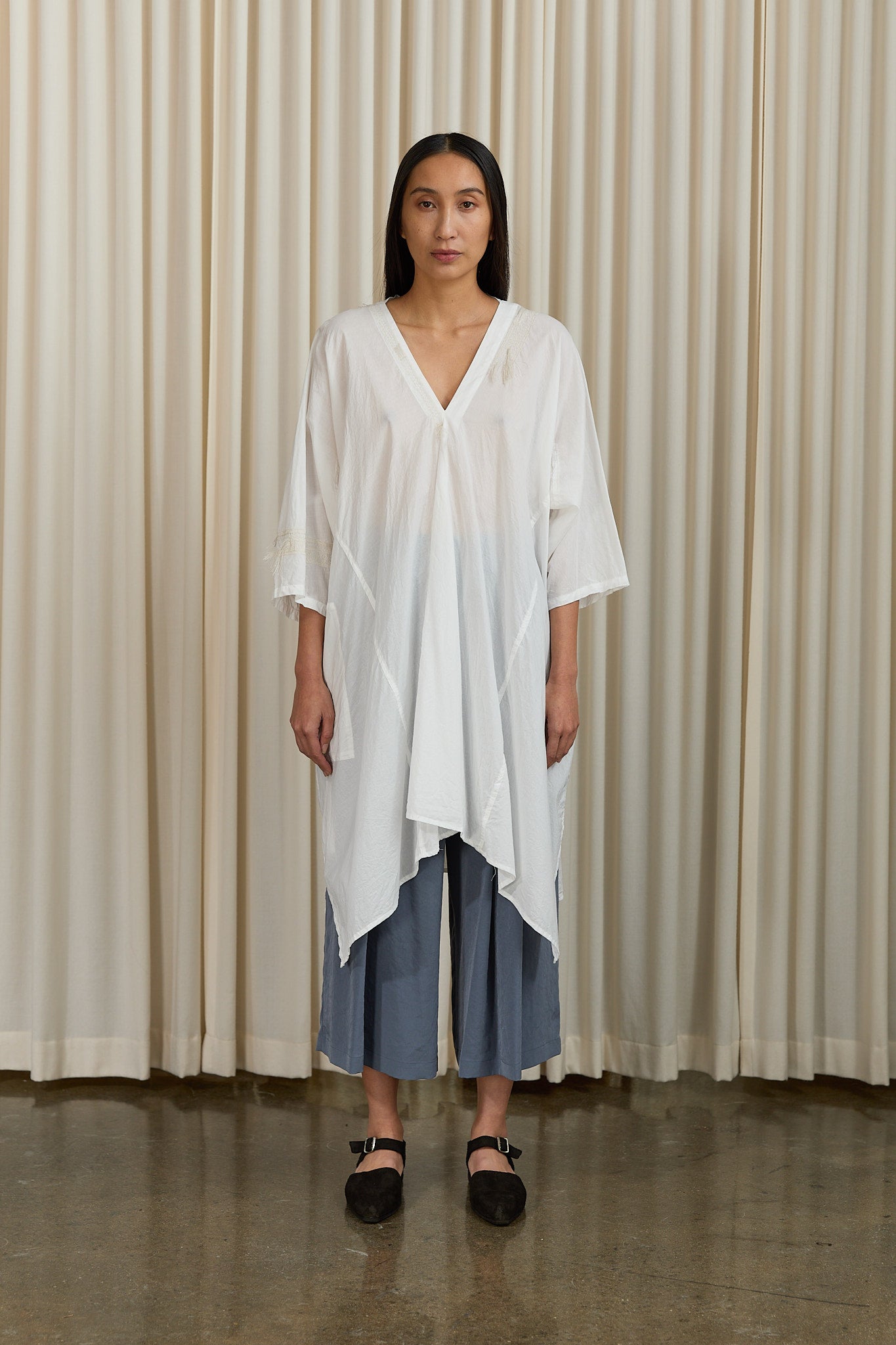 Cotton Arranged Sleeve V Neck Dress in White