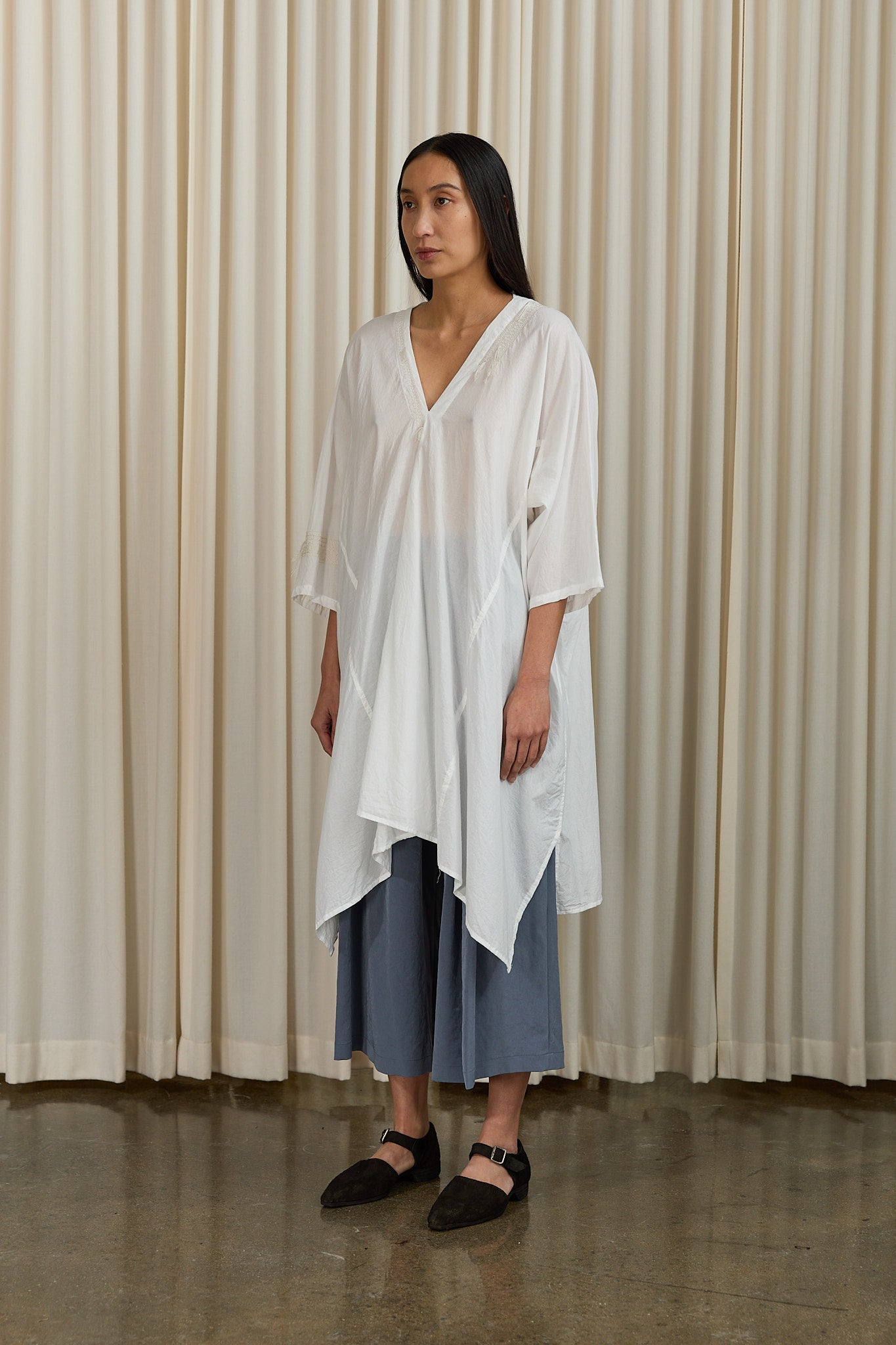 Cotton Arranged Sleeve V Neck Dress in White