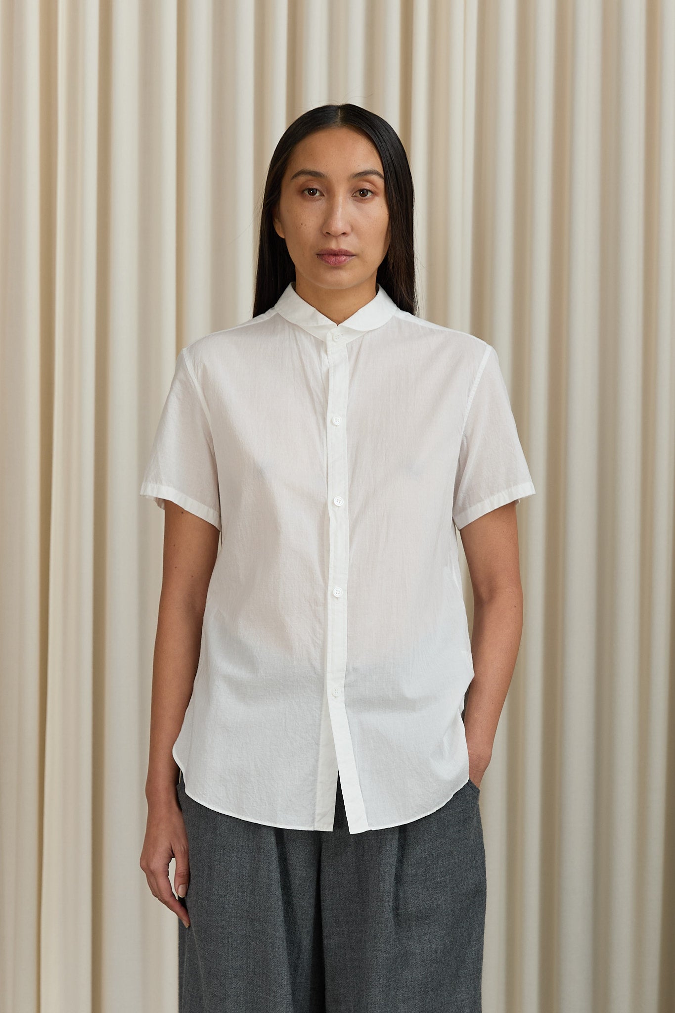 Cotton Round Collar Shirt in White