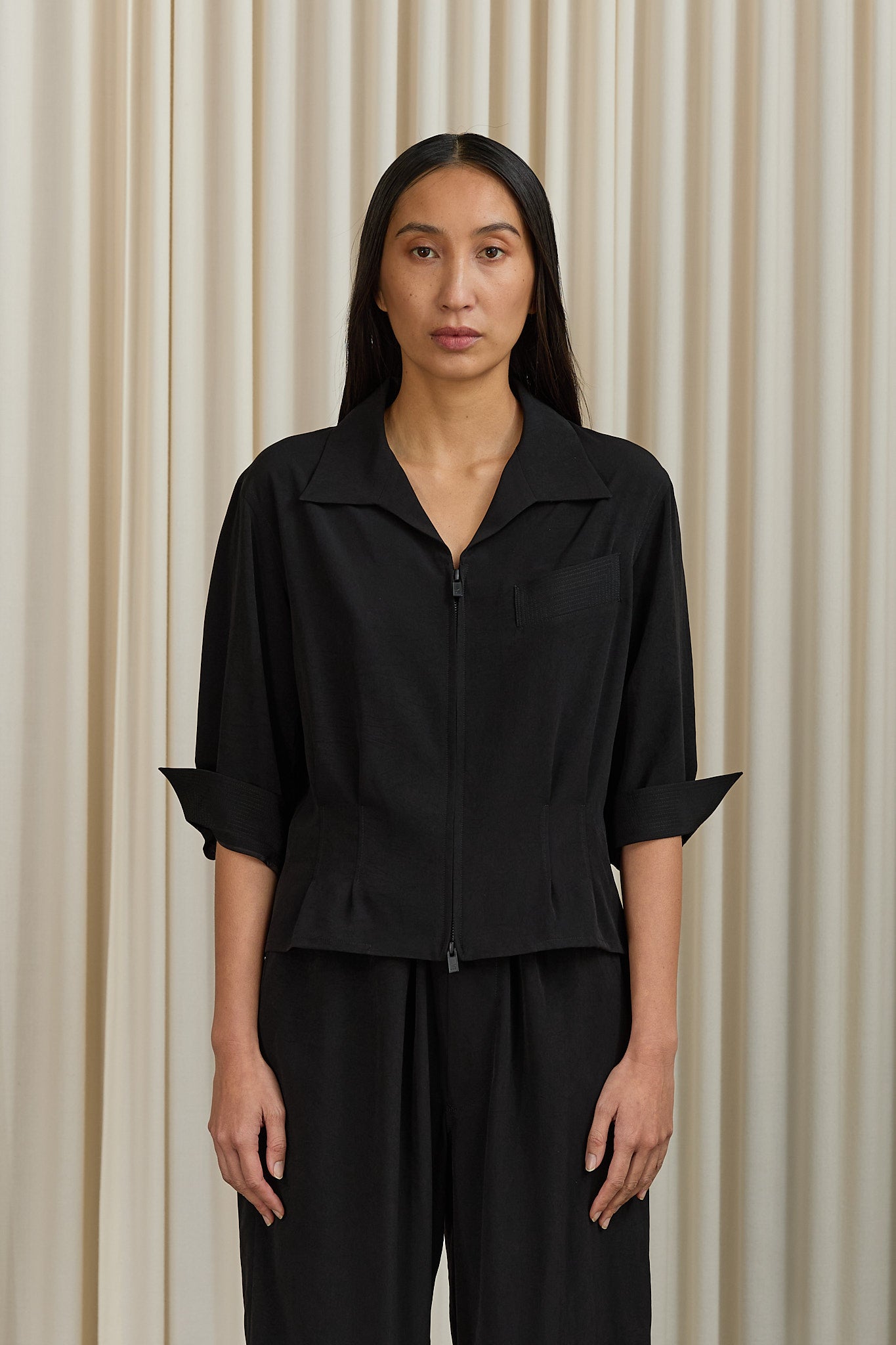 Crepe de Chine 3/4 Sleeve Blouse in Black