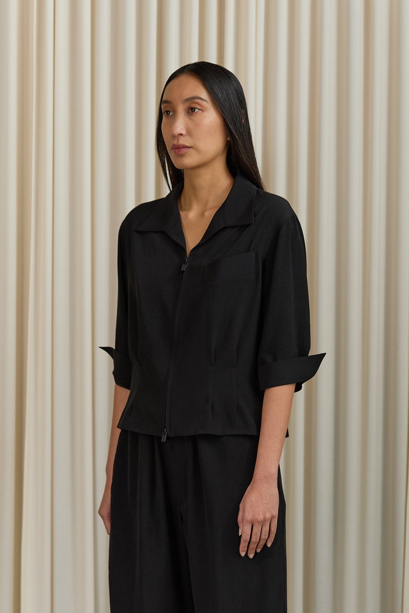 Crepe de Chine 3/4 Sleeve Blouse in Black