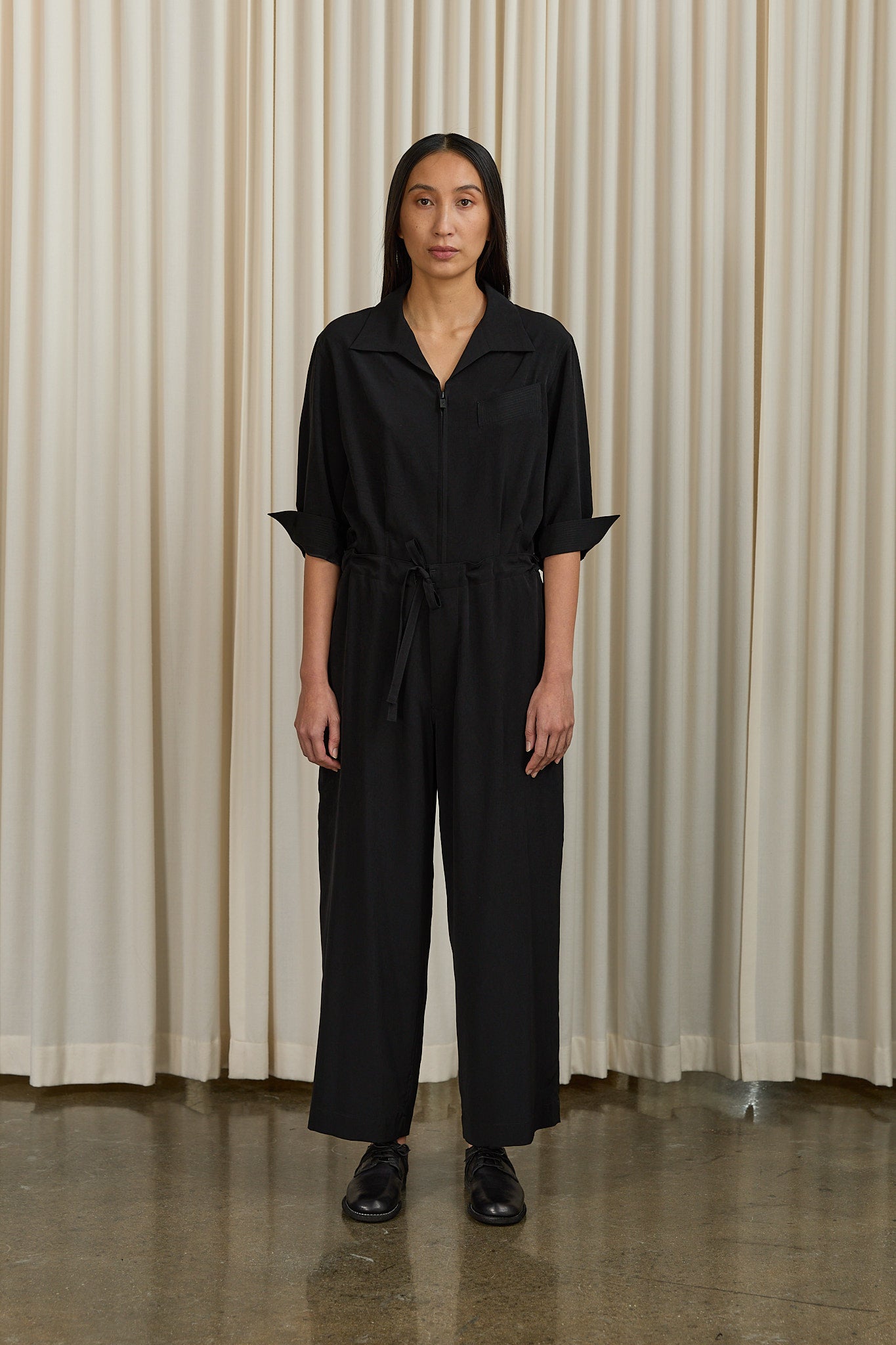Crepe de Chine String Straight Pant in Black