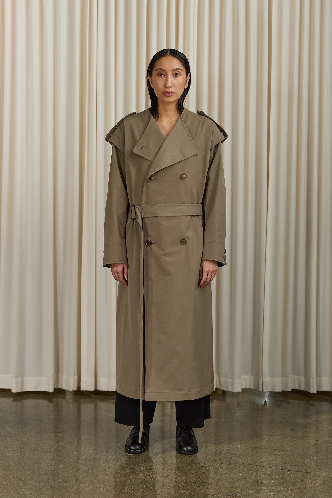 Water Repellent Collarless Trench Coat in Beige