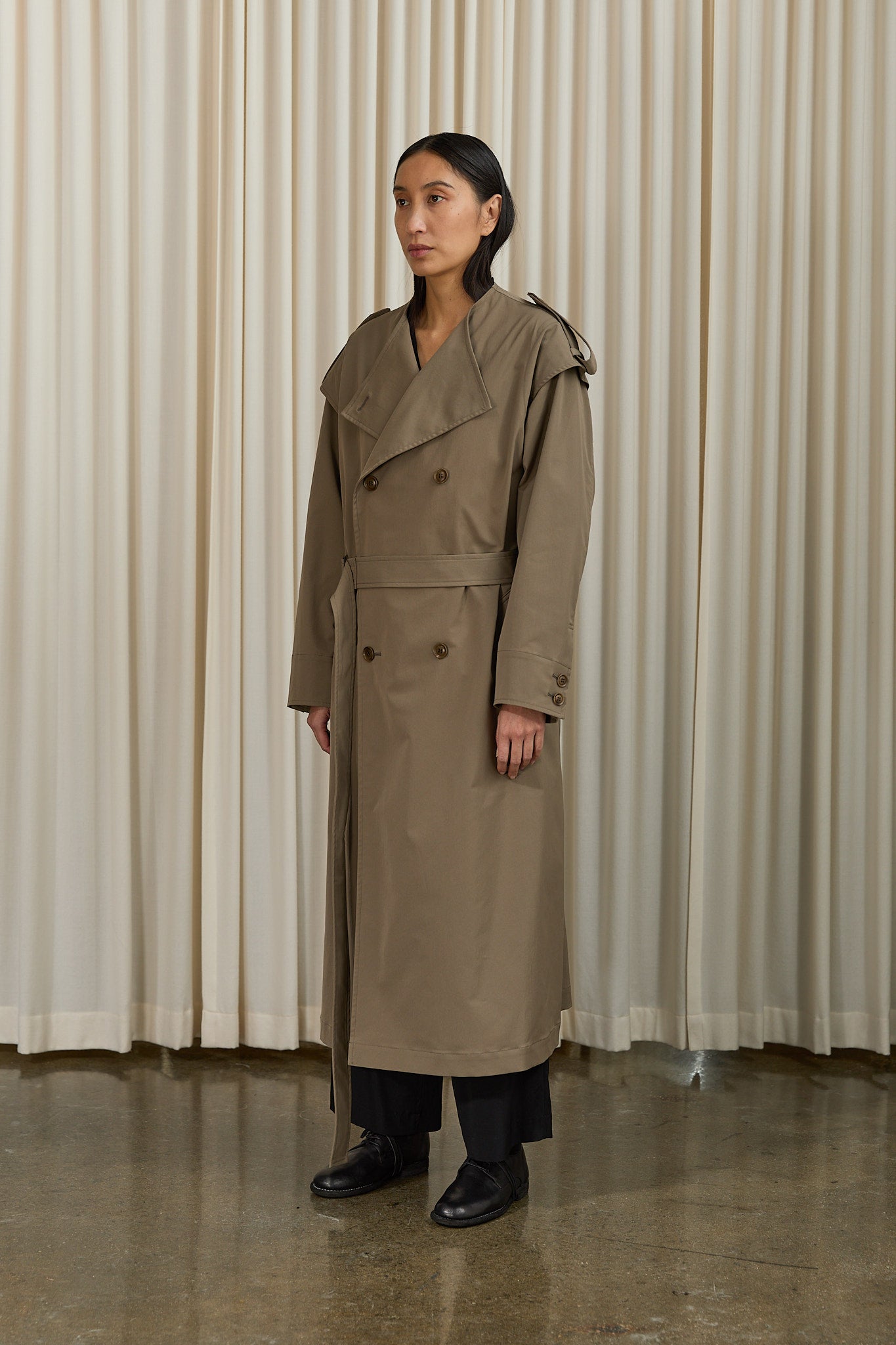 Water Repellent Collarless Trench Coat in Beige
