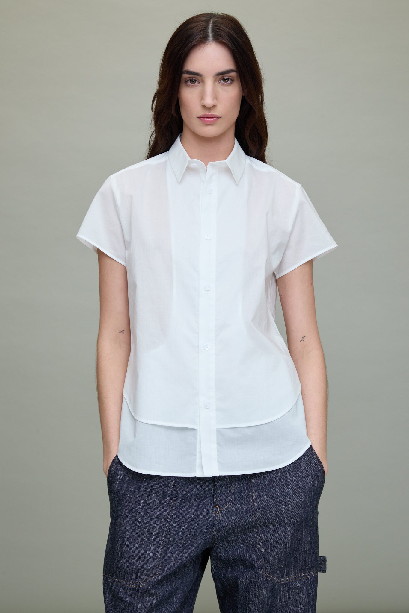 Cotton Double Front Hem Blouse in Off-White
