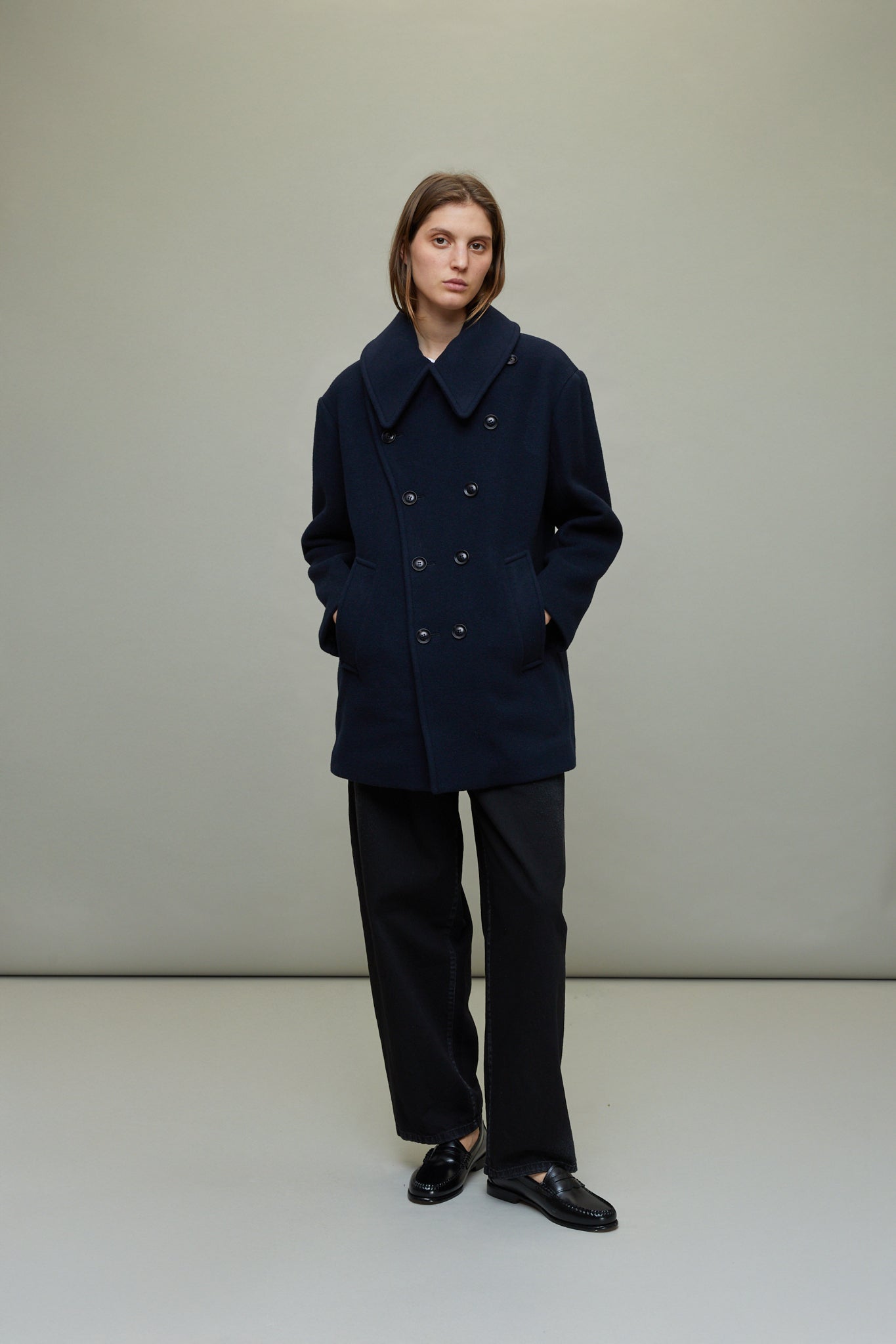 Wool Double Mosser Short Coat in Navy