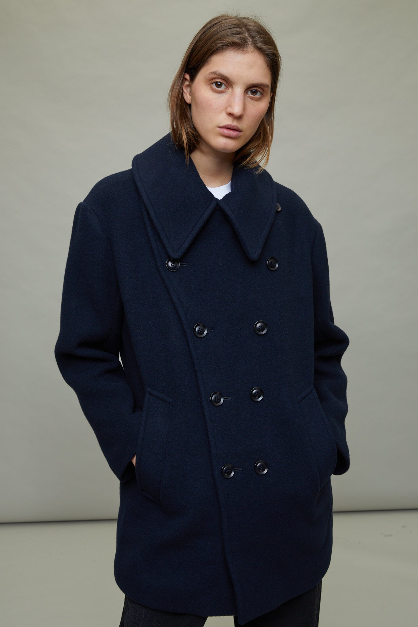 Wool Double Mosser Short Coat in Navy