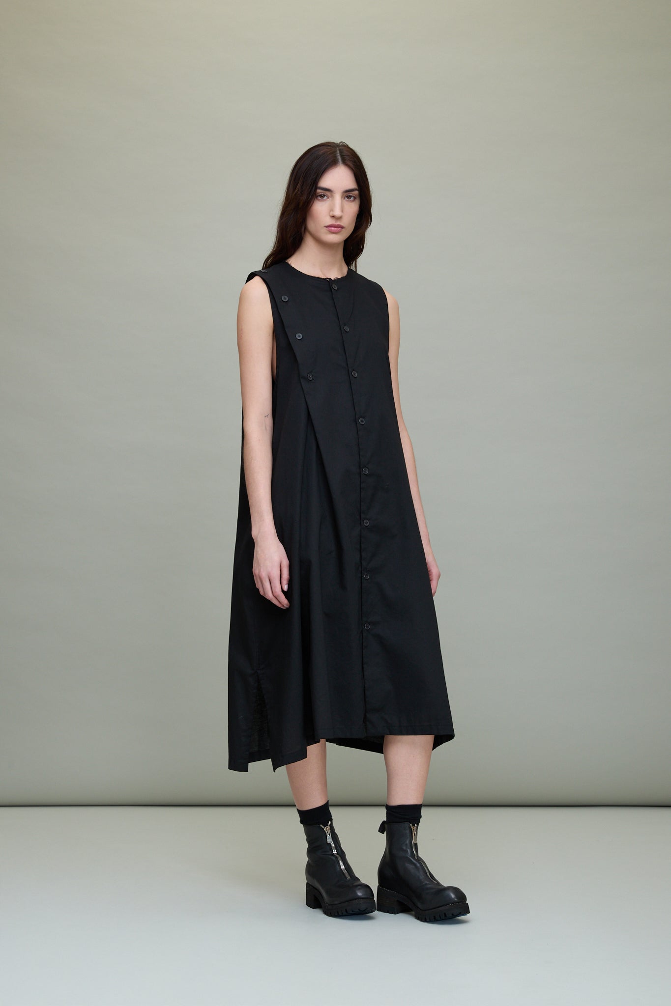 Sleeveless Asymmetric Button Dress in Black
