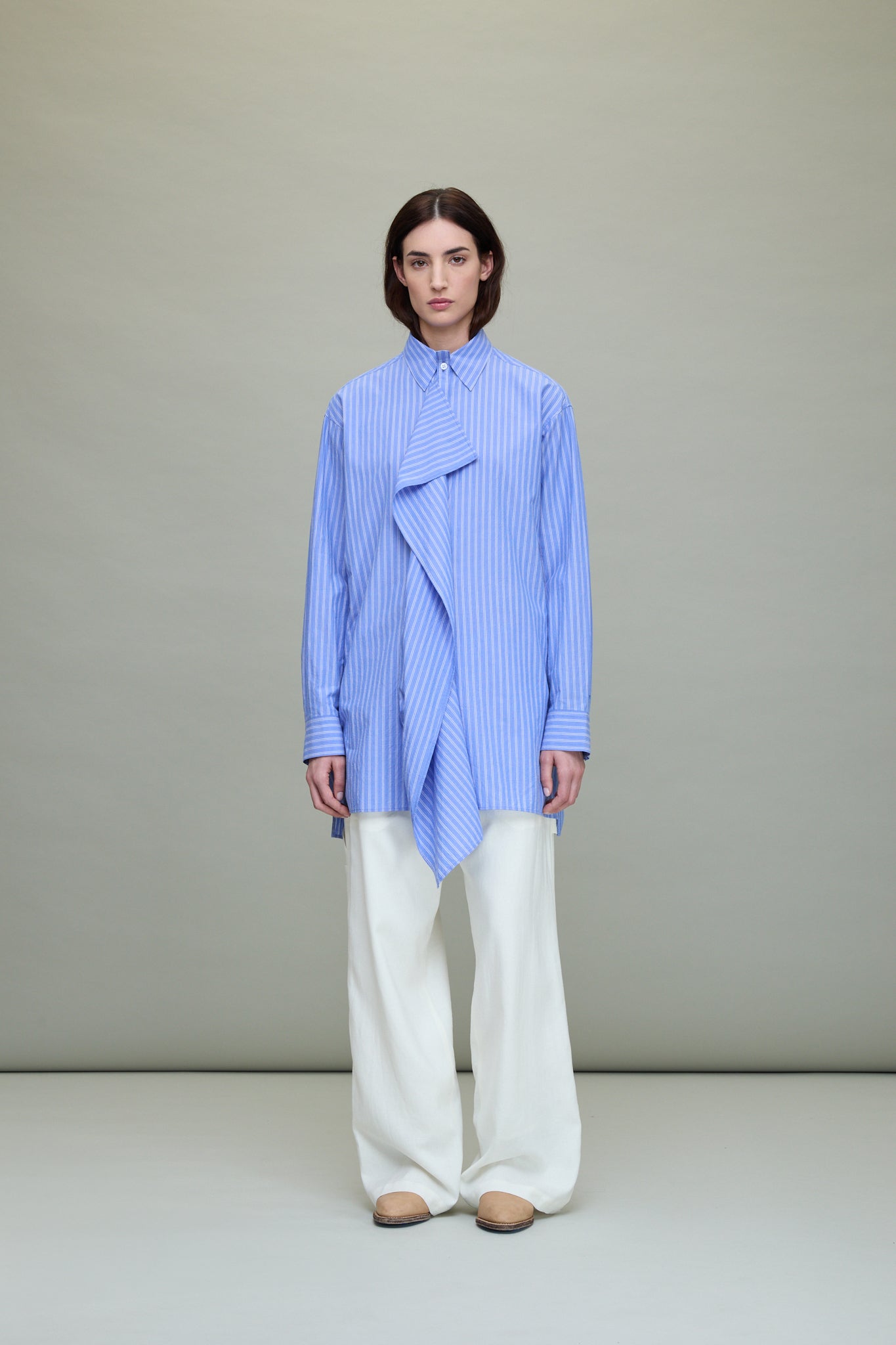Striped Cotton Cloth Placket Blouse in Blue