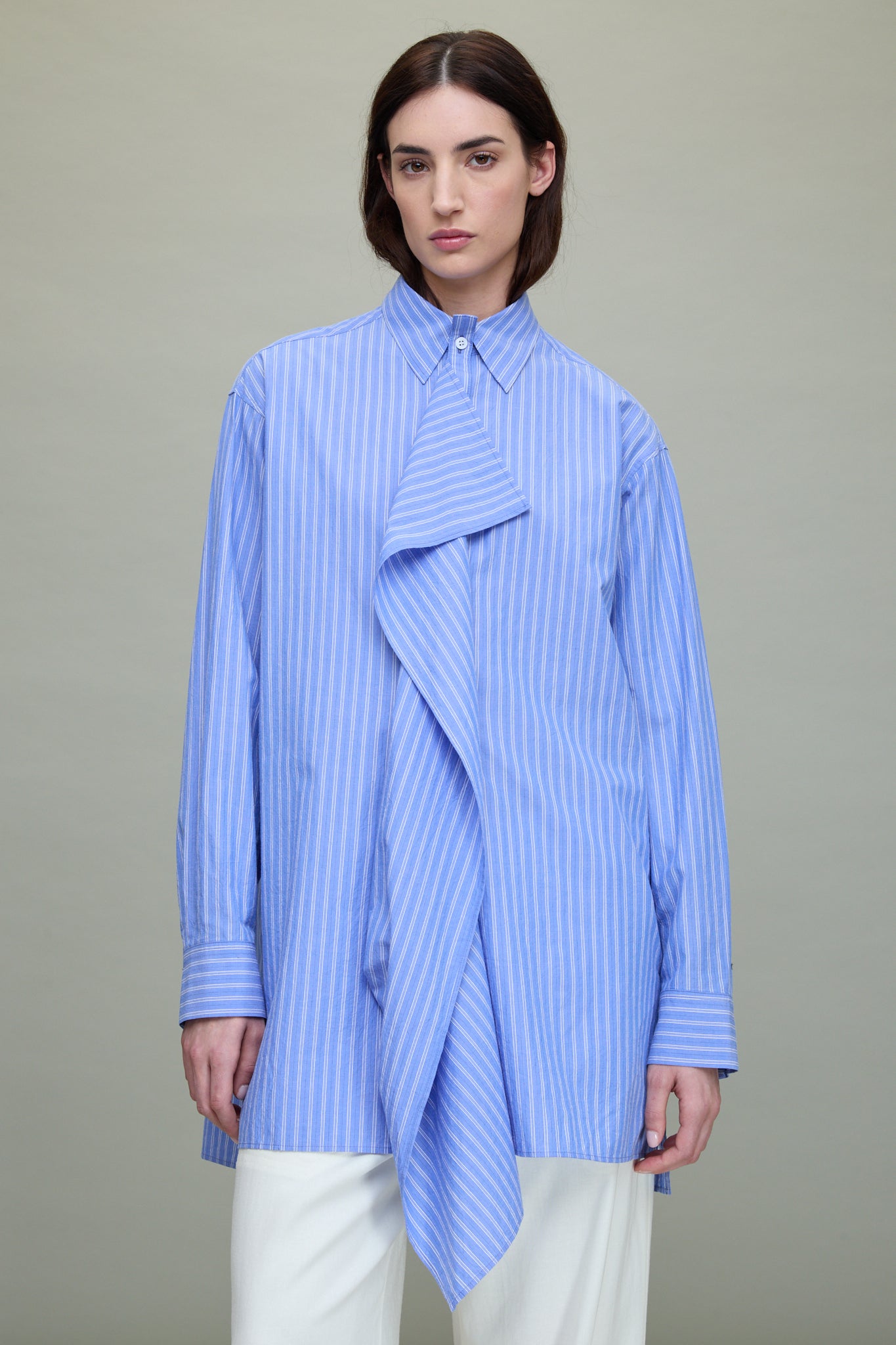 Striped Cotton Cloth Placket Blouse in Blue