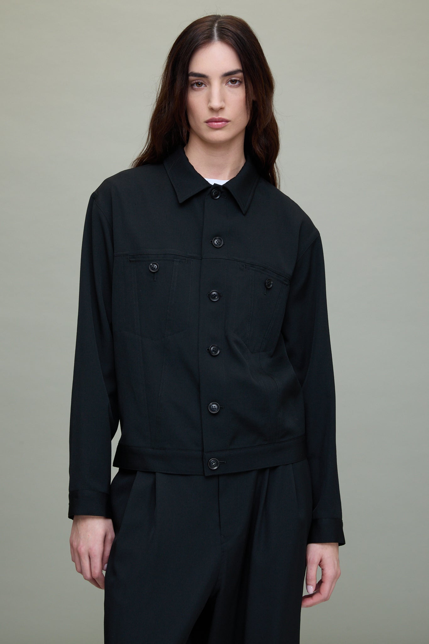 Wool Gabardine Panel Denim Jacket in Black
